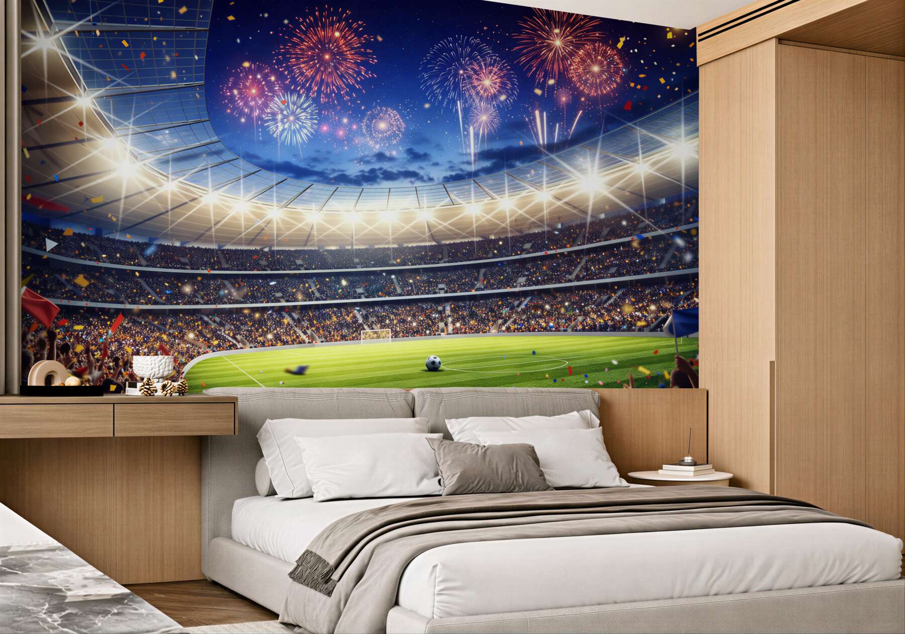 Fototapeta stadion piłkarski z fajerwerkami i tłumem kibiców wieczorna