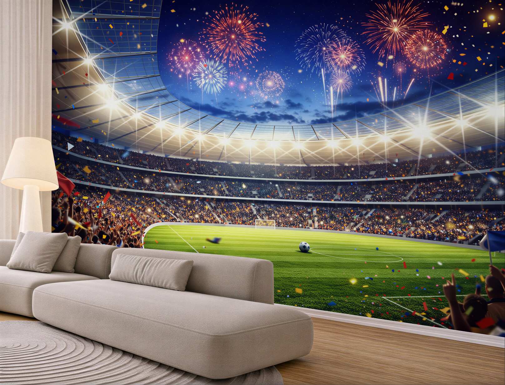 Fototapeta stadion piłkarski z fajerwerkami i tłumem kibiców wieczorna