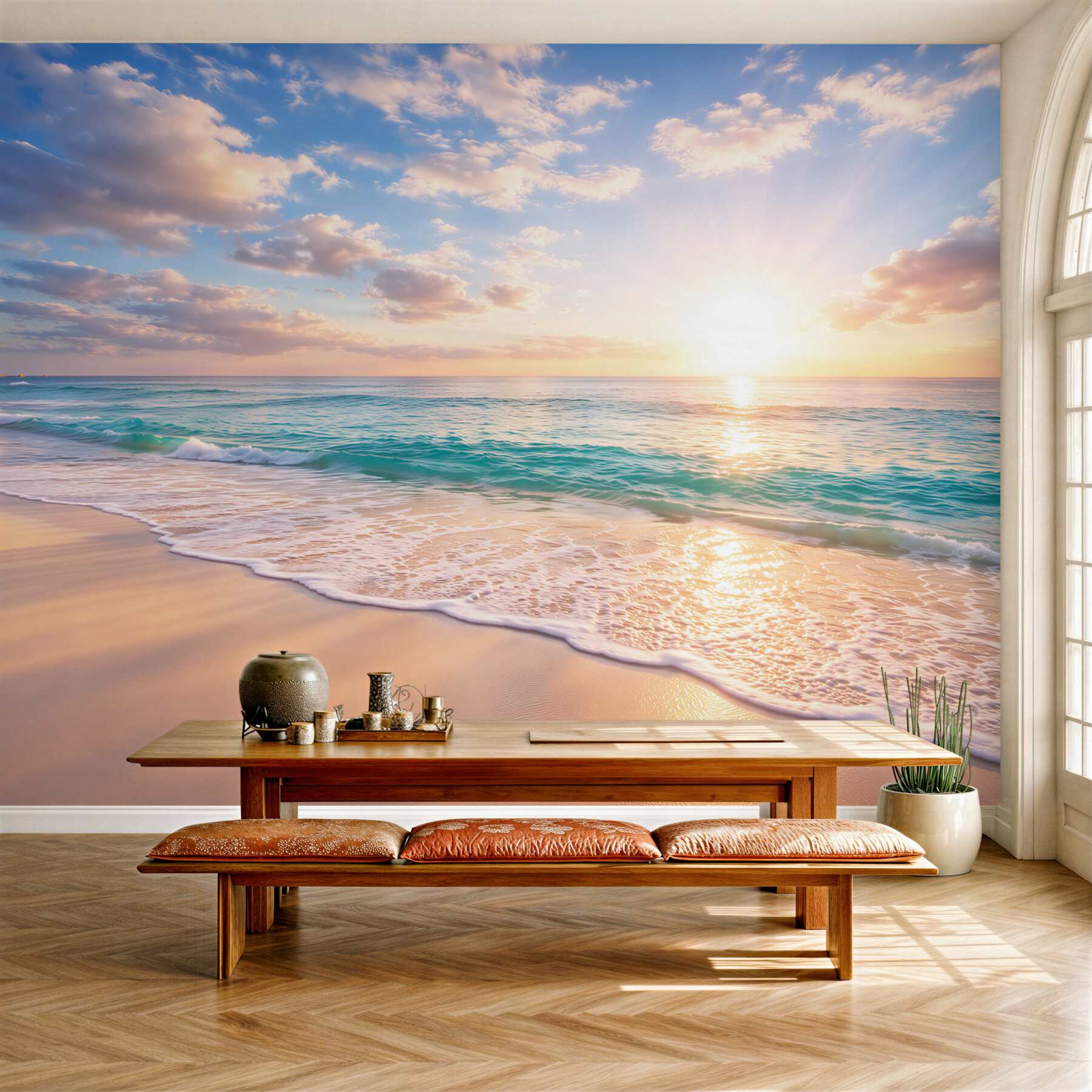 Fototapeta spokojne morze o wschodzie słońca pastelowa plaża