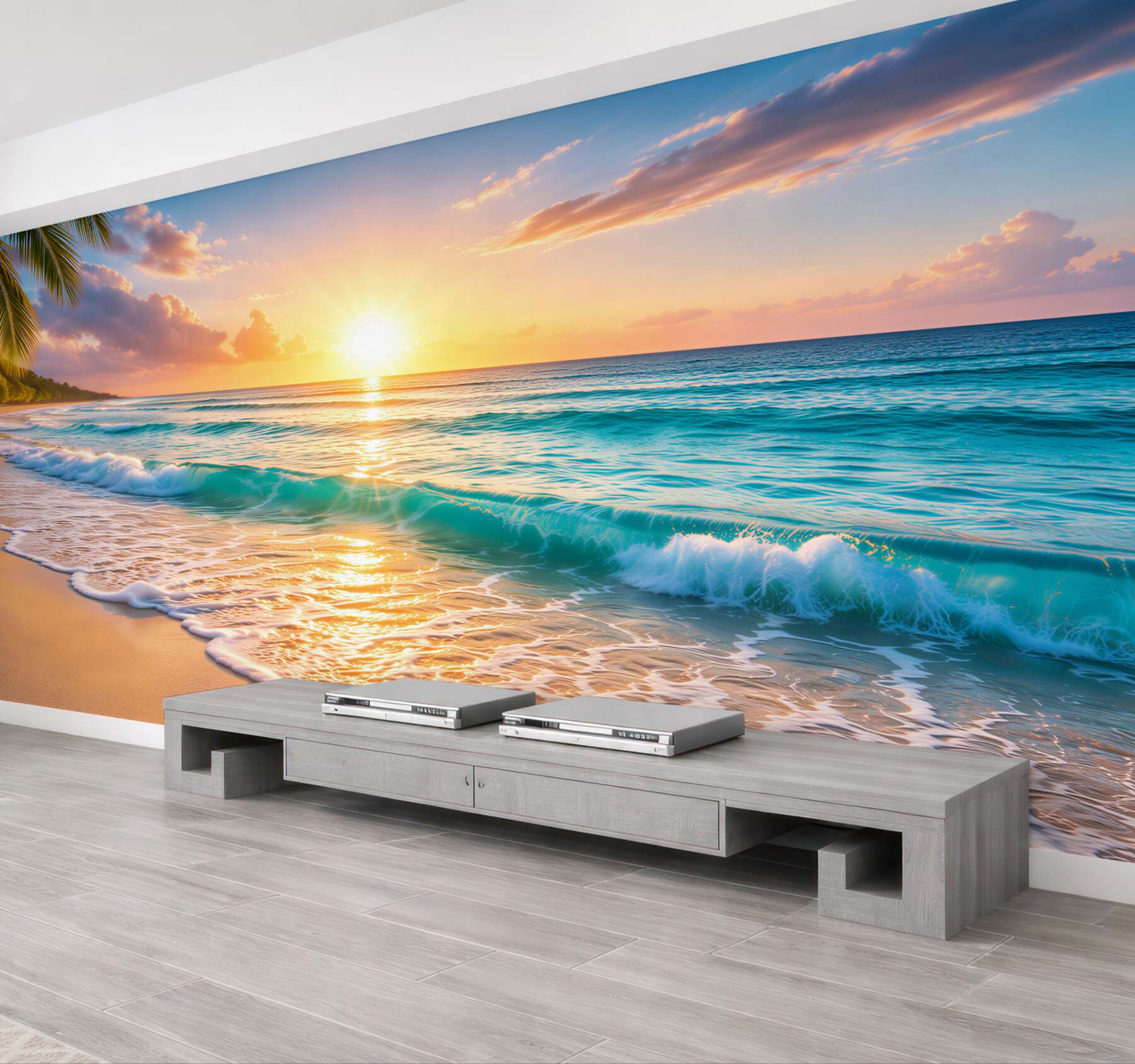 Fototapeta tropikalna plaża o wschodzie słońca z turkusowymi falami