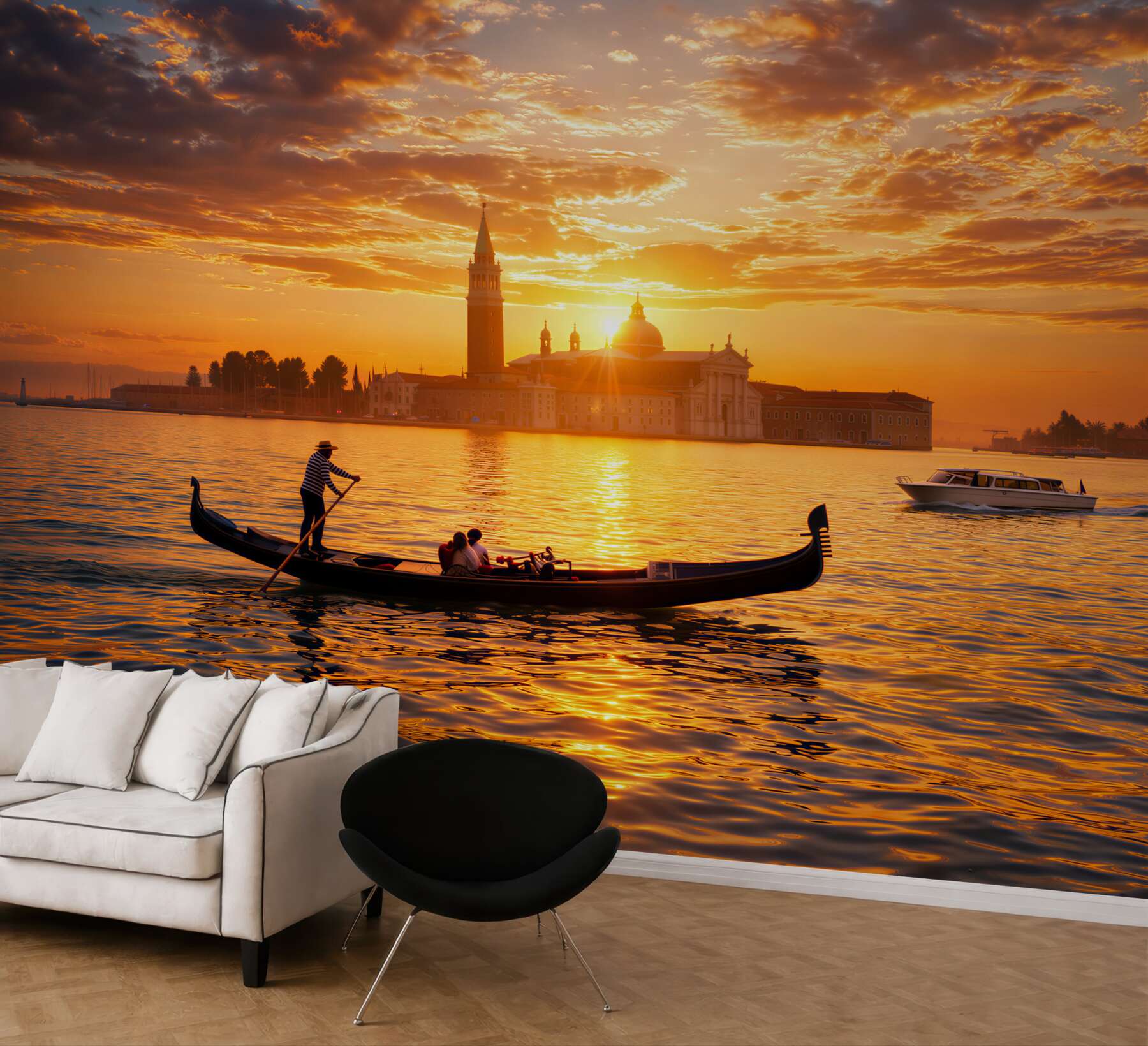 Fototapeta gondola na tle Wenecji o zachodzie słońca romantyczny pejzaż