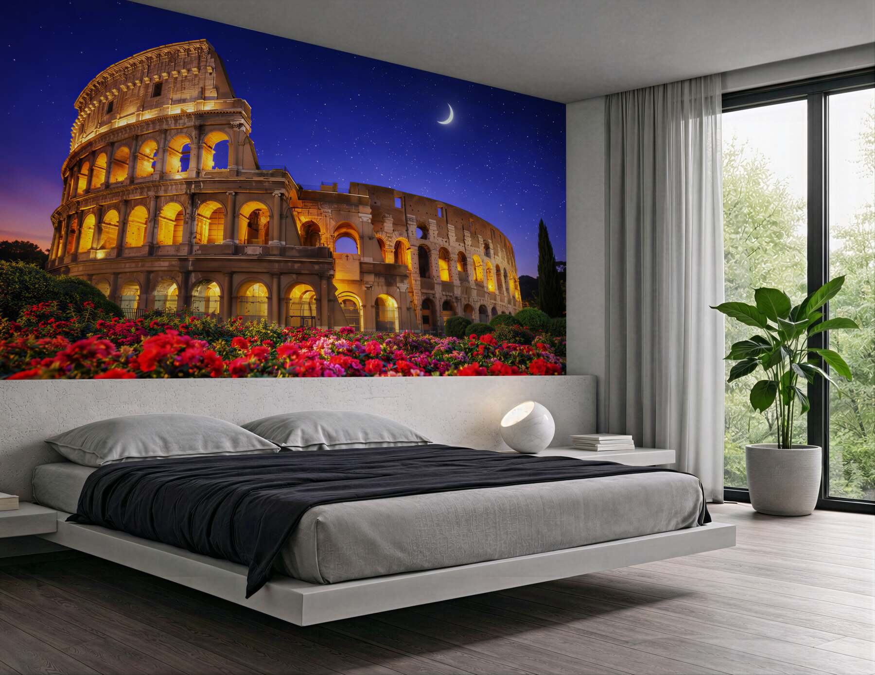 Fototapeta Koloseum w Rzymie nocą z kwiatami i rozgwieżdżonym niebem