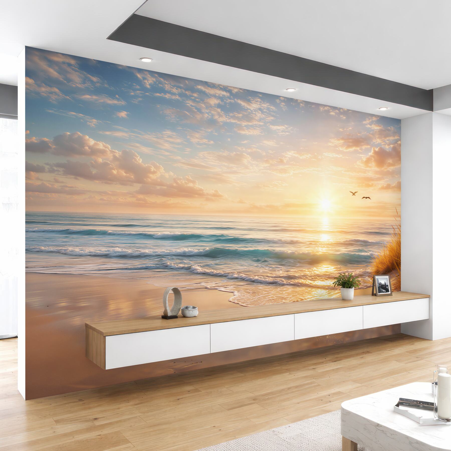 Fototapeta plaża o wschodzie słońca spokojne morze i złoty piasek