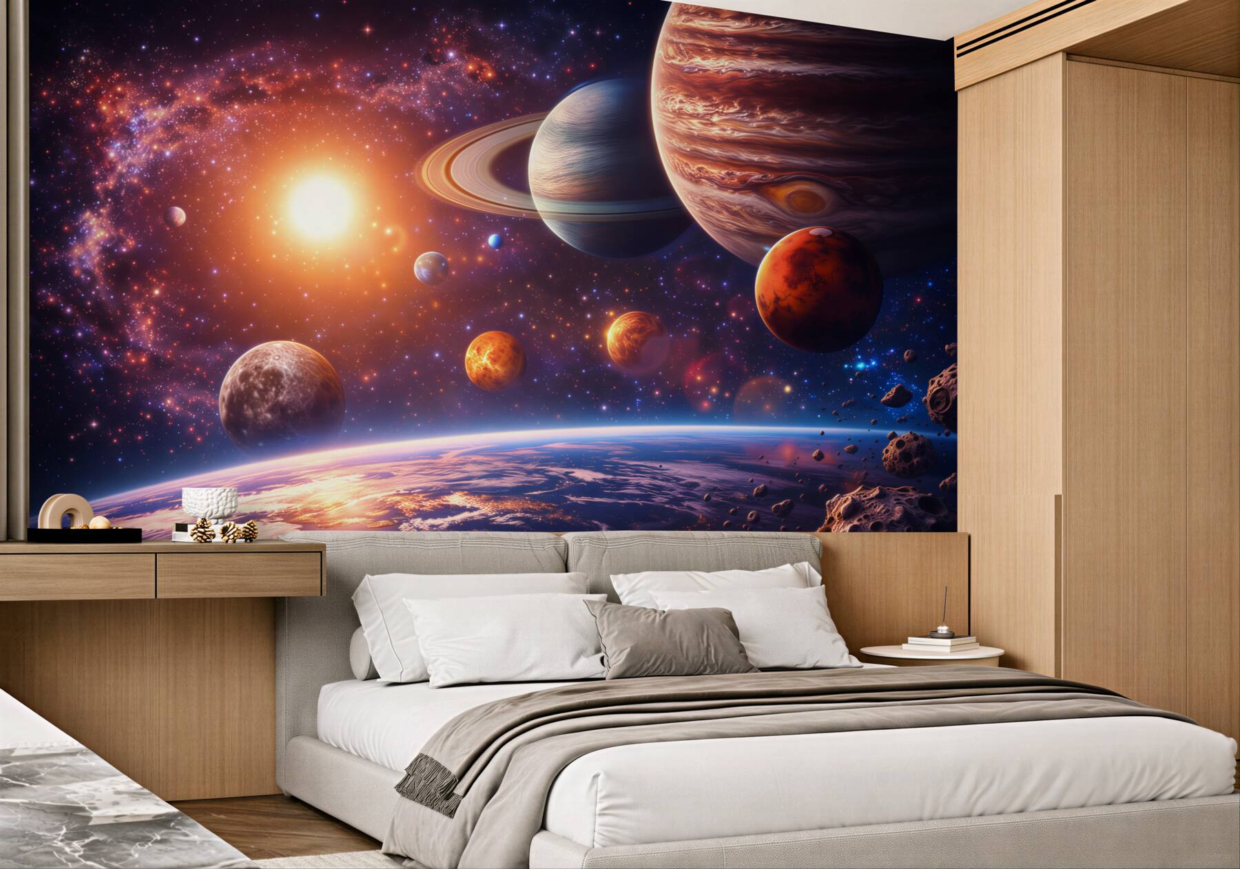 Fototapeta kosmos z planetami i gwiazdami do pokoju młodzieżowego