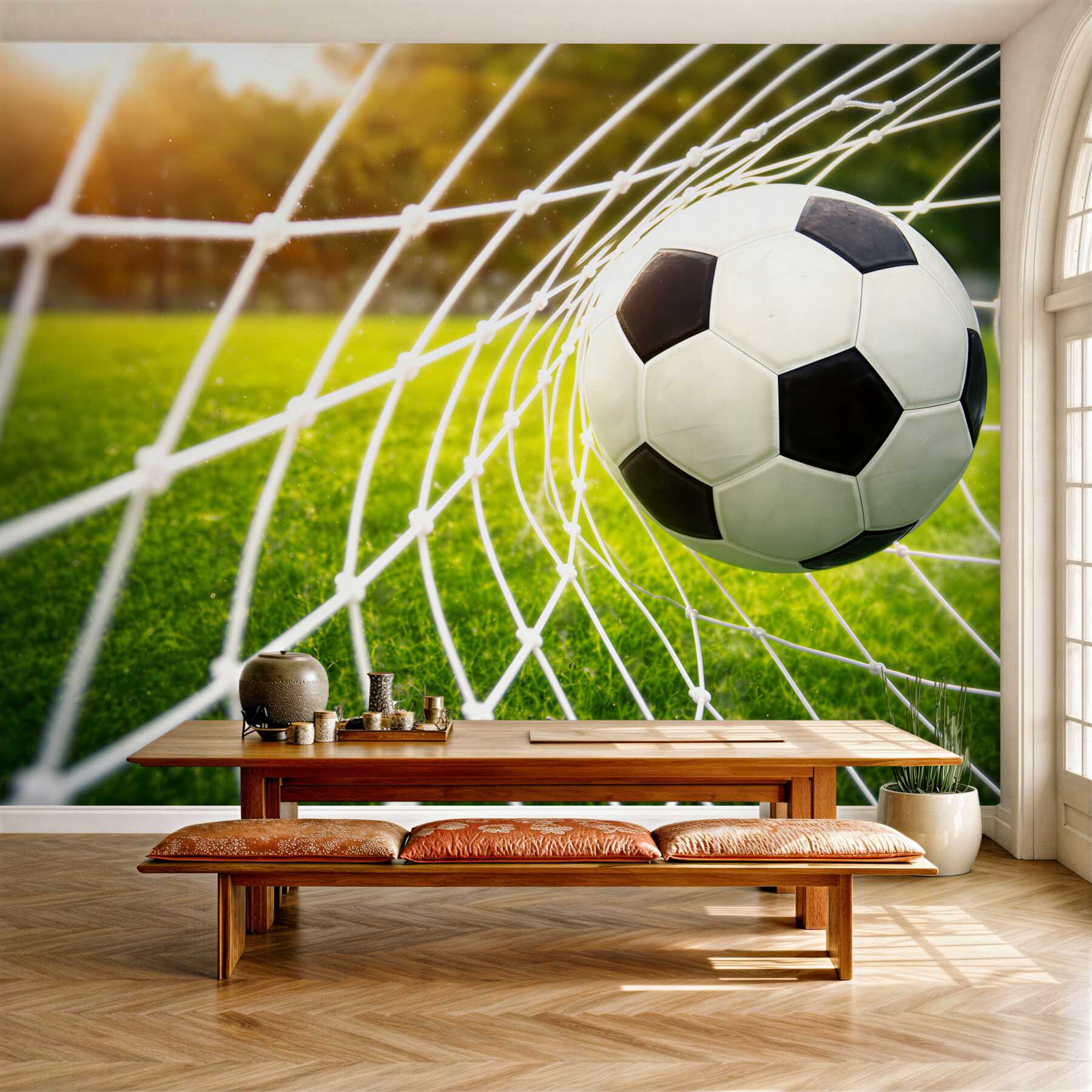 Fototapeta piłka nożna w bramce na boisku sportowa dekoracja