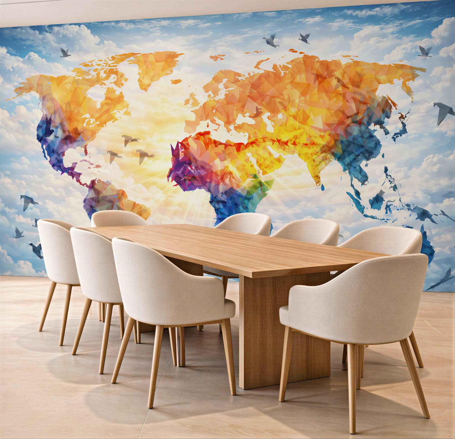 Fototapeta mapa świata kolorowa geometryczna na tle chmur