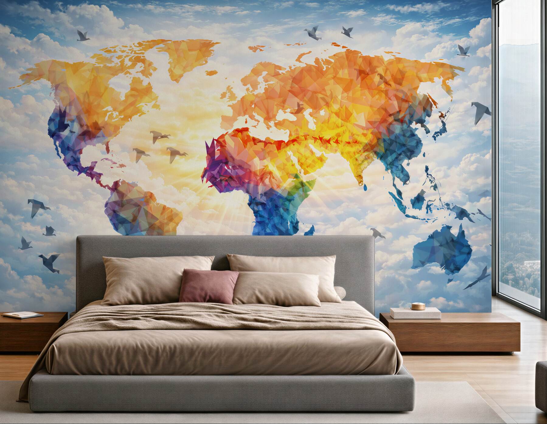 Fototapeta mapa świata kolorowa geometryczna na tle chmur