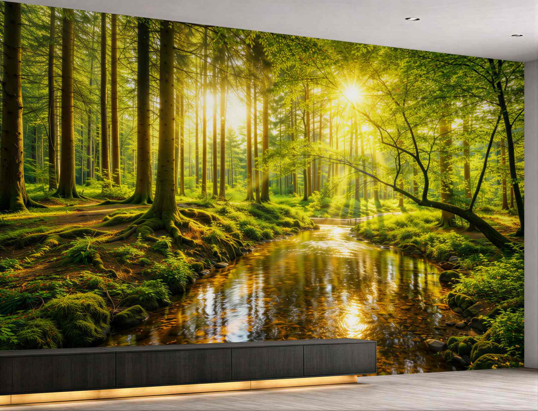 Fototapeta leśny strumień w promieniach słońca zielona naturalna