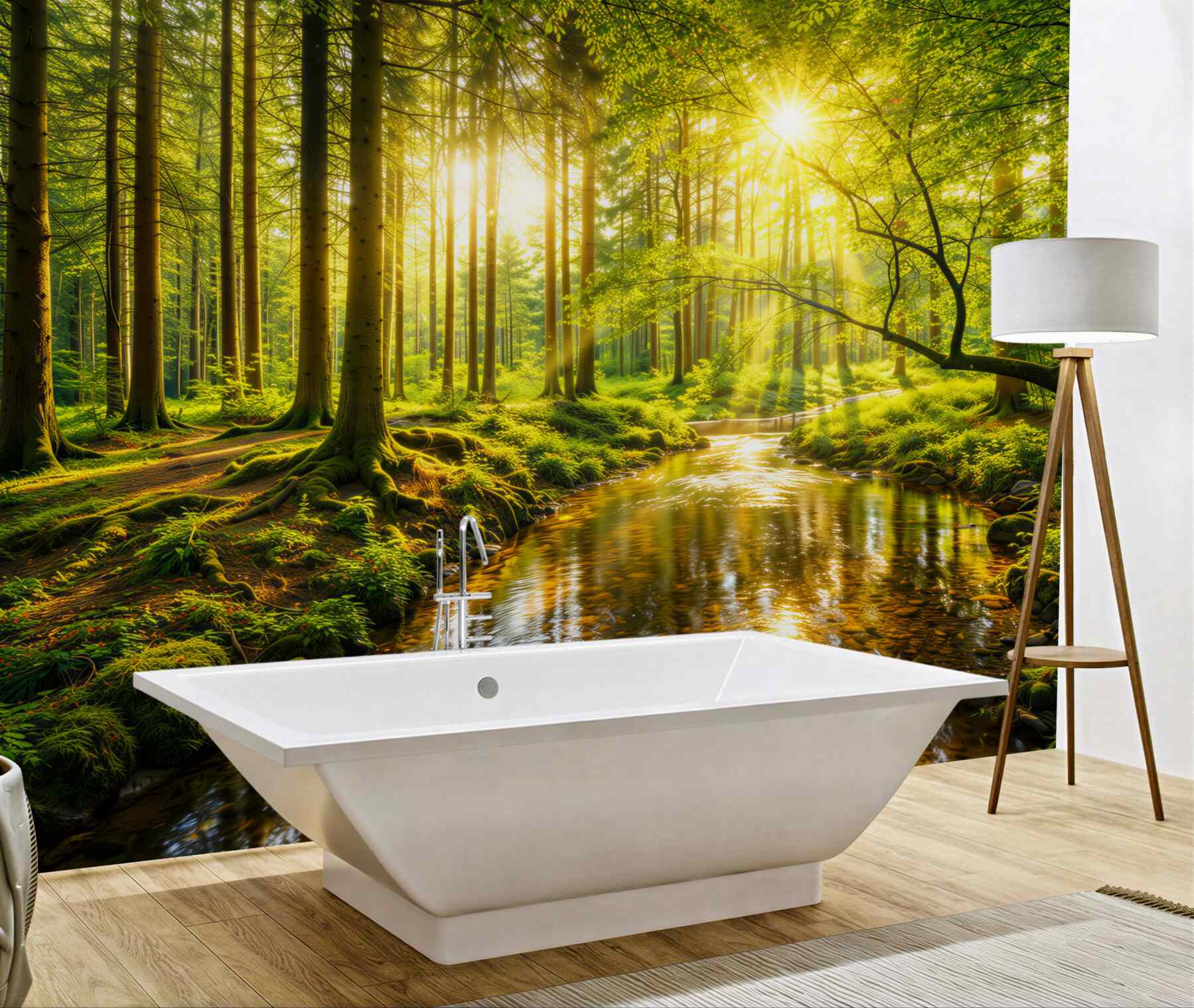 Fototapeta leśny strumień w promieniach słońca zielona naturalna