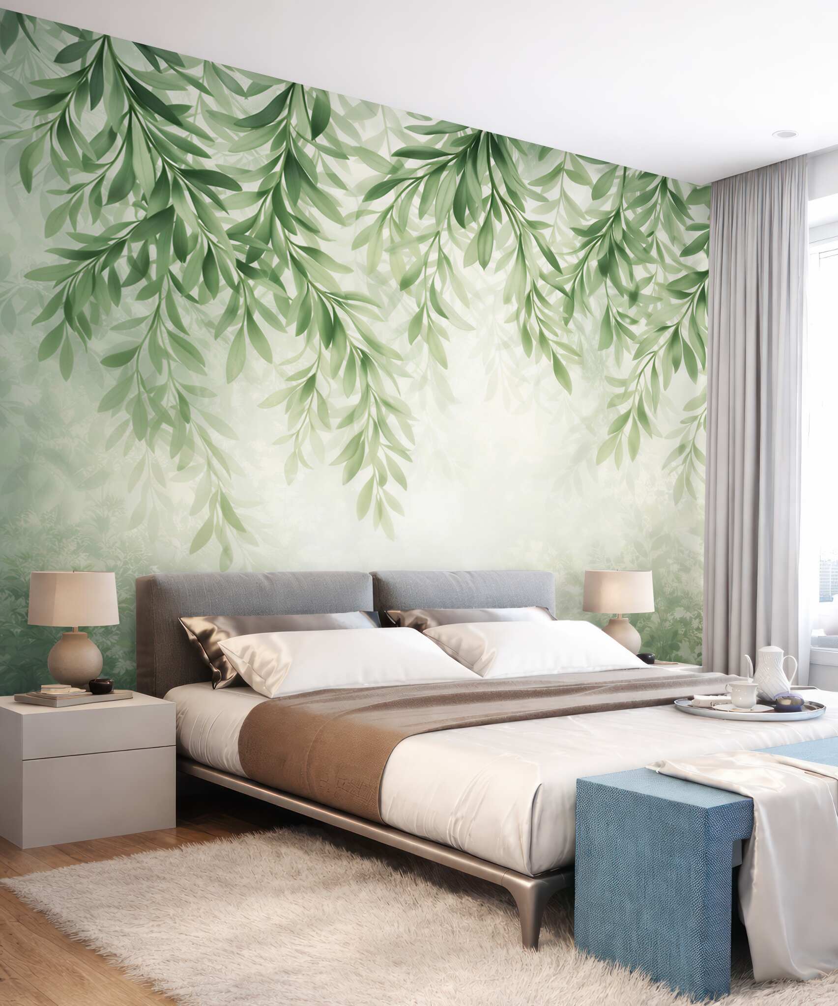 Fototapeta zwisające zielone liście w delikatnej mgle botaniczna