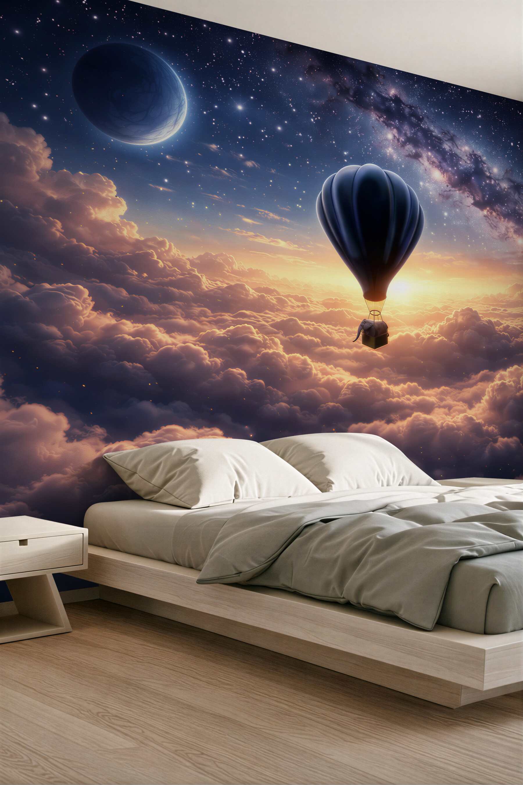 Fototapeta balon nad chmurami i gwiaździstym niebem baśniowa
