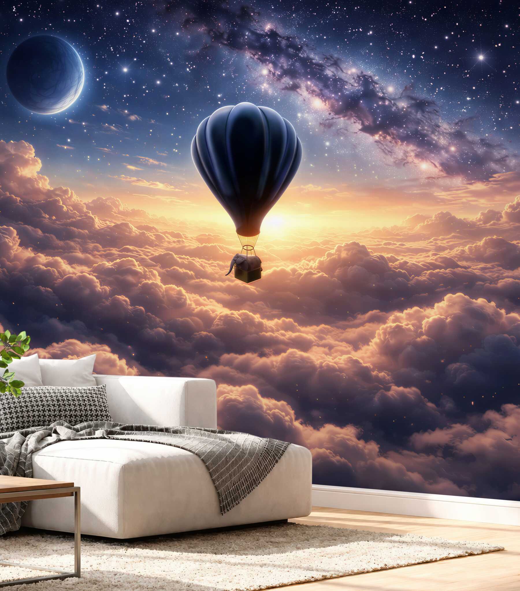 Fototapeta balon nad chmurami i gwiaździstym niebem baśniowa