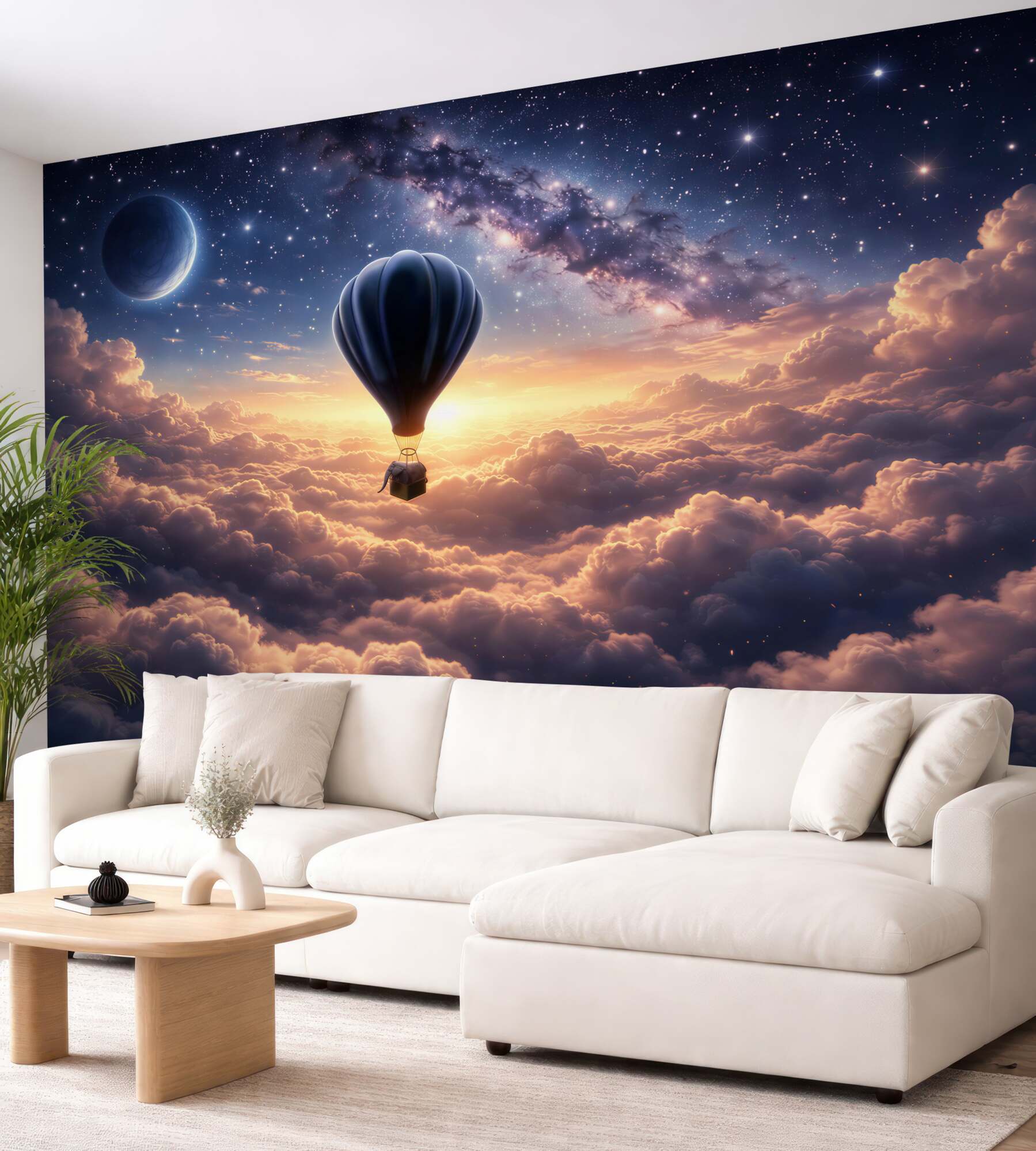 Fototapeta balon nad chmurami i gwiaździstym niebem baśniowa