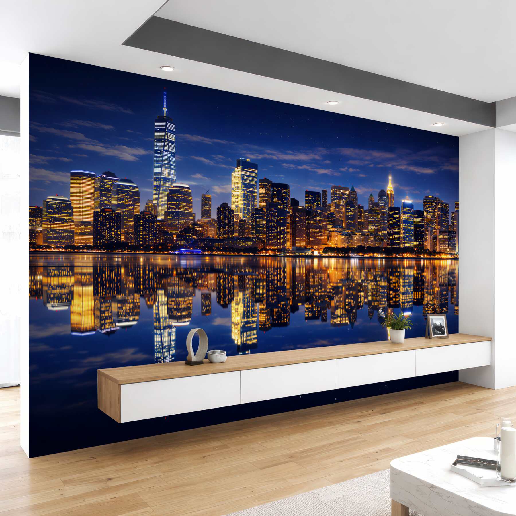 Fototapeta panorama Nowego Jorku nocą z odbiciem świateł
