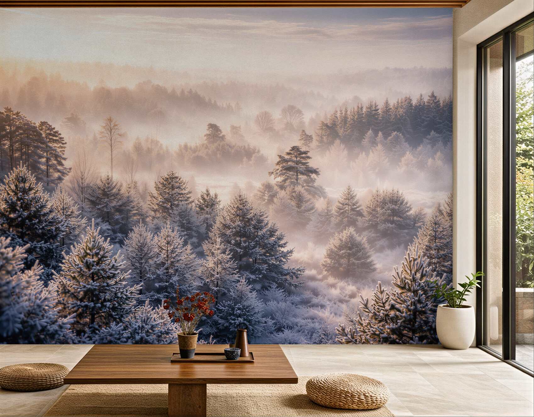 Fototapeta zimowy las we mgle o wschodzie słońca pastelowy pejzaż