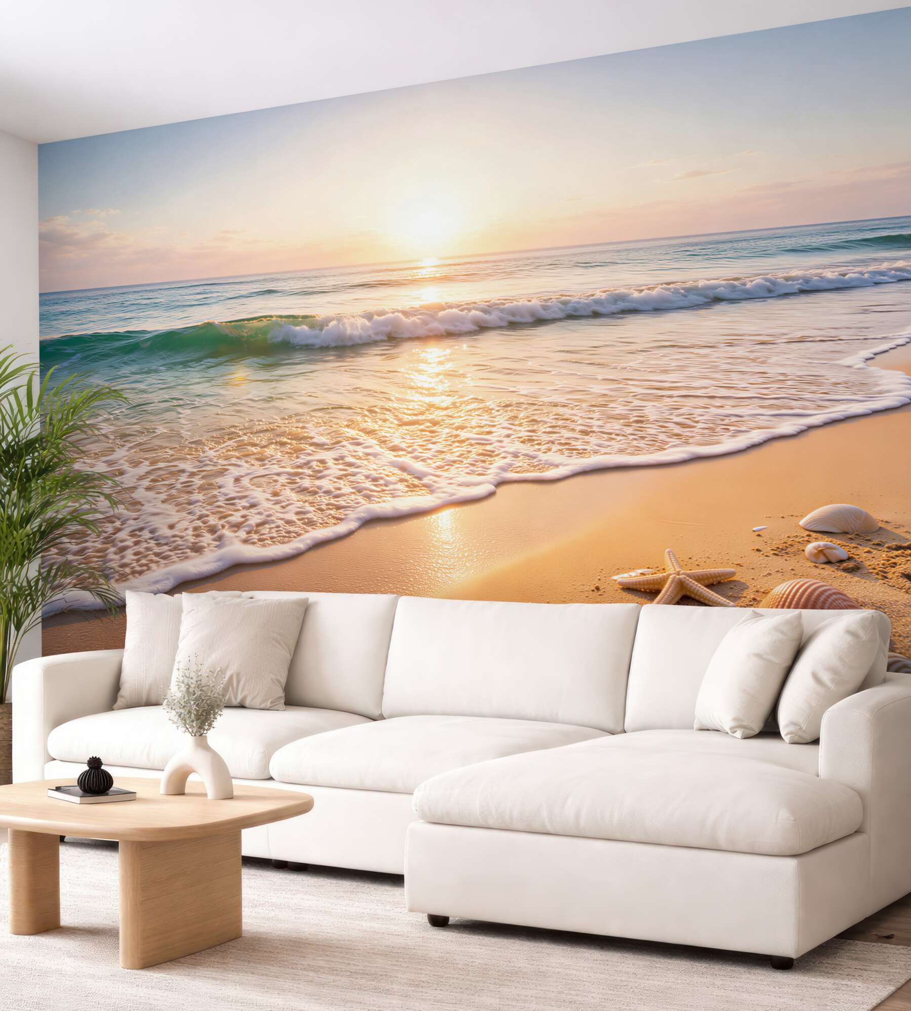 Fototapeta spokojna plaża z falami i muszelkami o wschodzie słońca