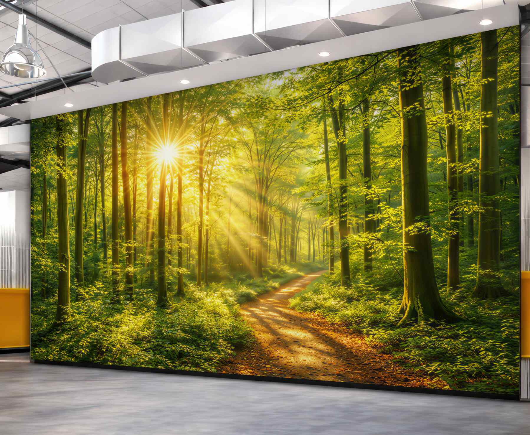 Fototapeta słoneczny las z leśną ścieżką zielona relaksująca