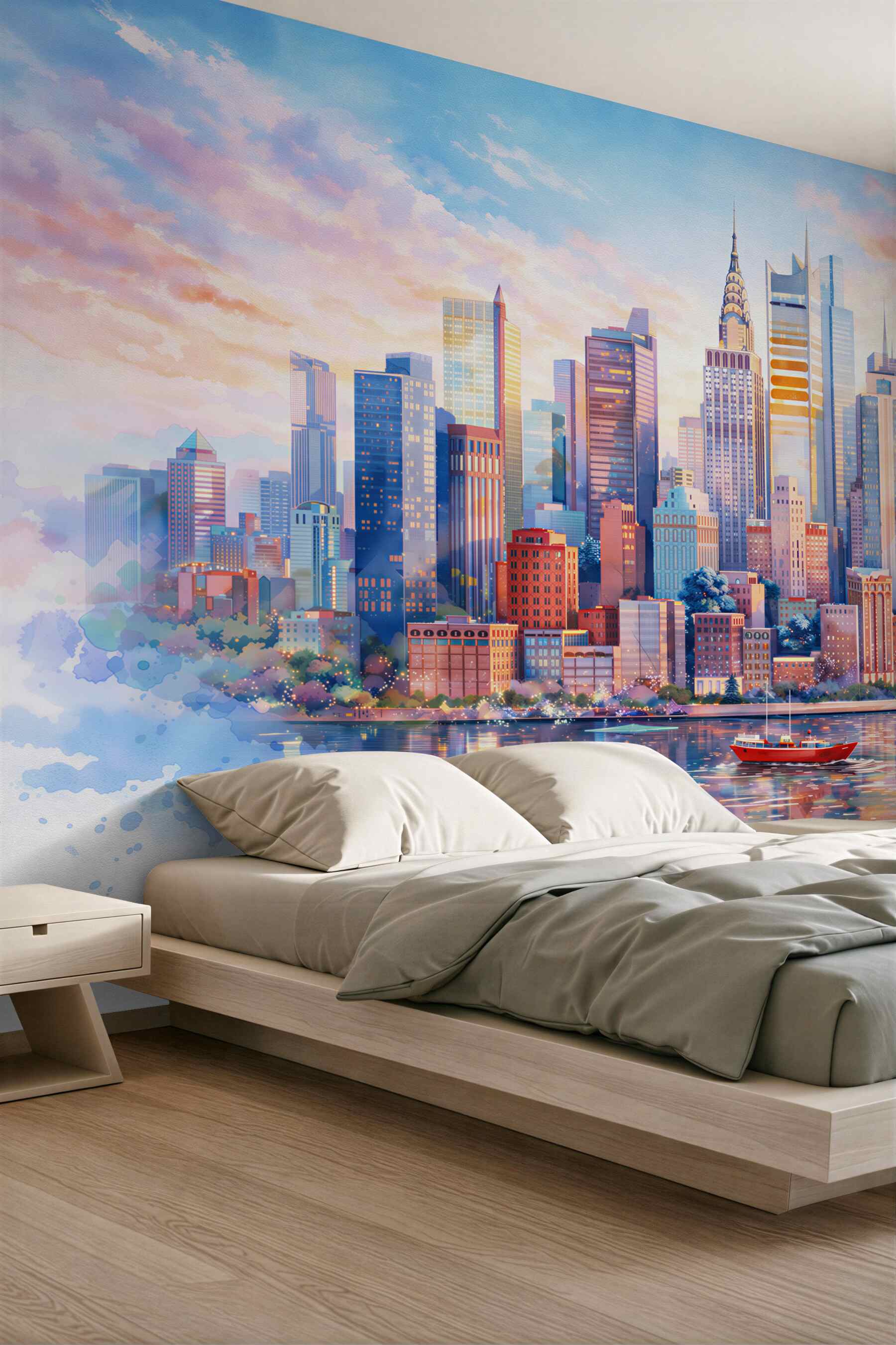 Fototapeta pastelowe miasto nad wodą akwarelowa panorama wieżowców