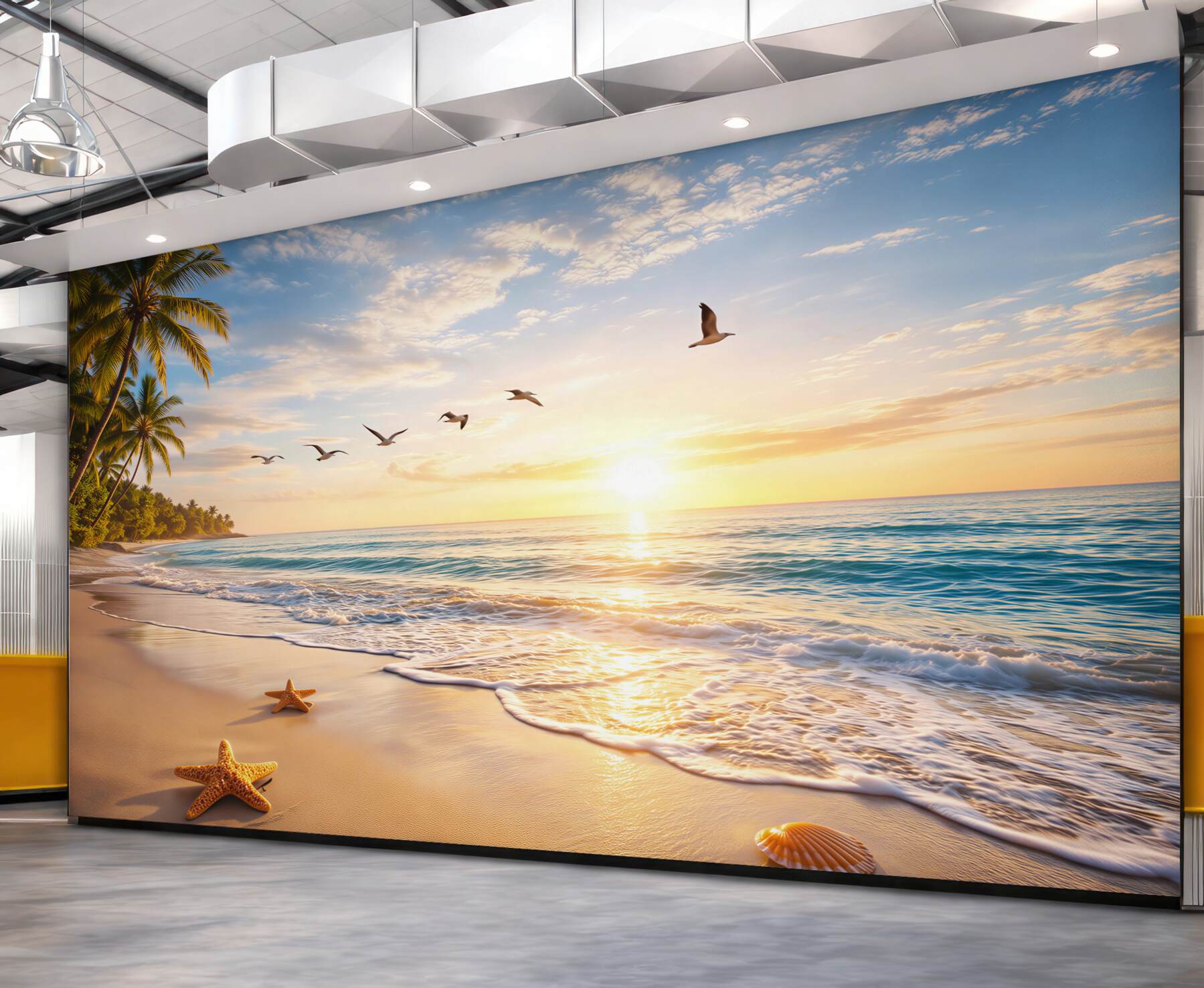 Fototapeta tropikalna plaża o wschodzie słońca z palmami i muszlami