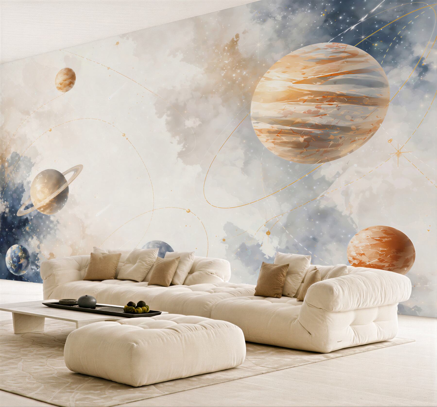 Fototapeta planety w chmurach pastelowy kosmos do pokoju dziecka