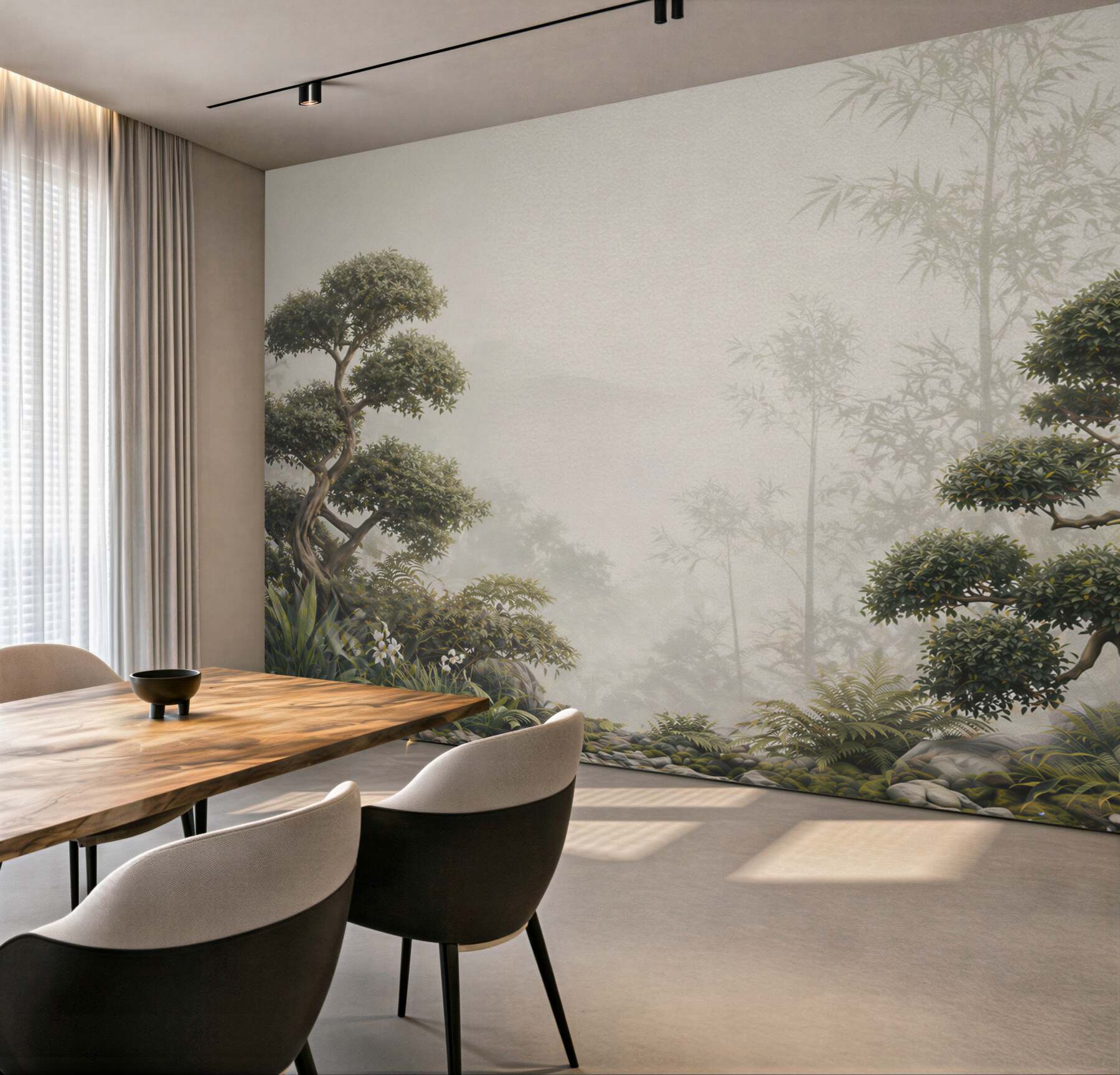 Fototapeta bonsai i bambus we mgle w stylu japońskiego ogrodu