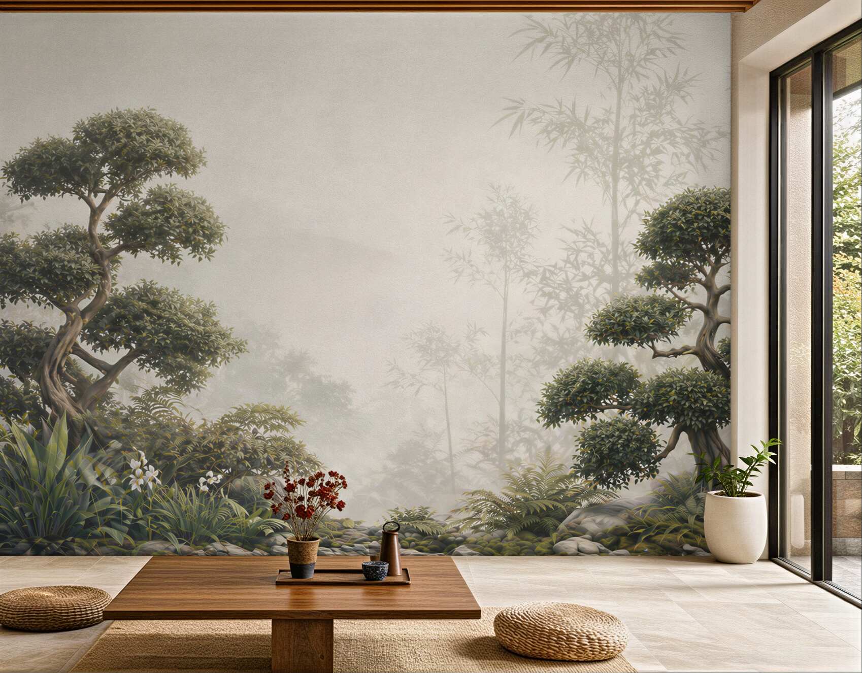Fototapeta bonsai i bambus we mgle w stylu japońskiego ogrodu