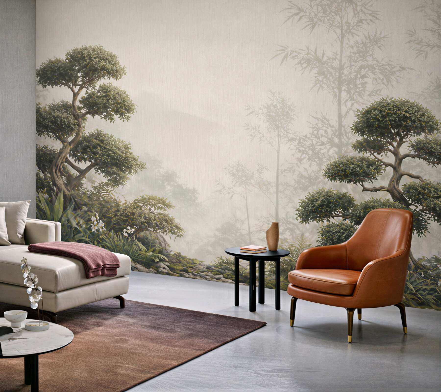 Fototapeta bonsai i bambus we mgle w stylu japońskiego ogrodu