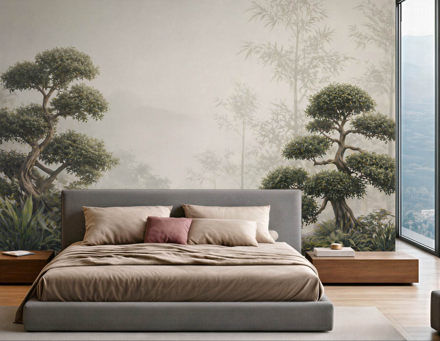 Fototapeta bonsai i bambus we mgle w stylu japońskiego ogrodu