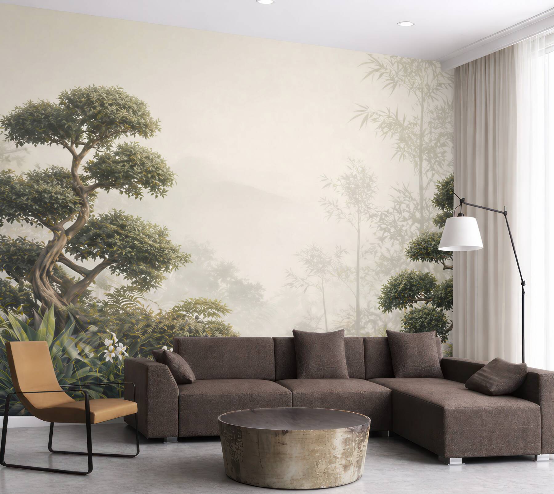 Fototapeta bonsai i bambus we mgle w stylu japońskiego ogrodu