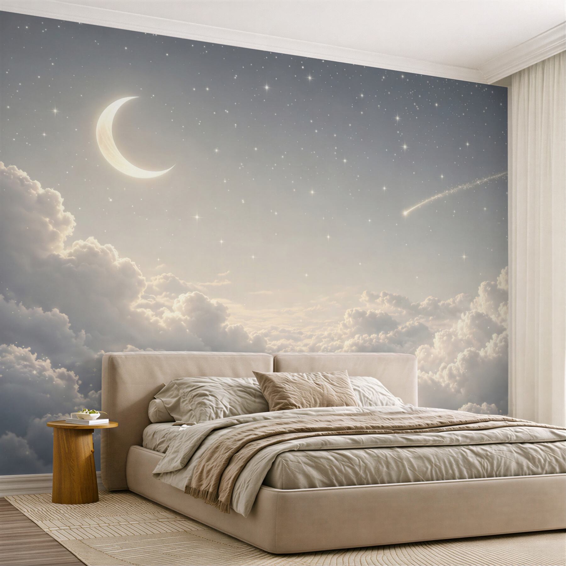 Fototapeta księżyc i spadająca gwiazda wśród chmur nocne niebo