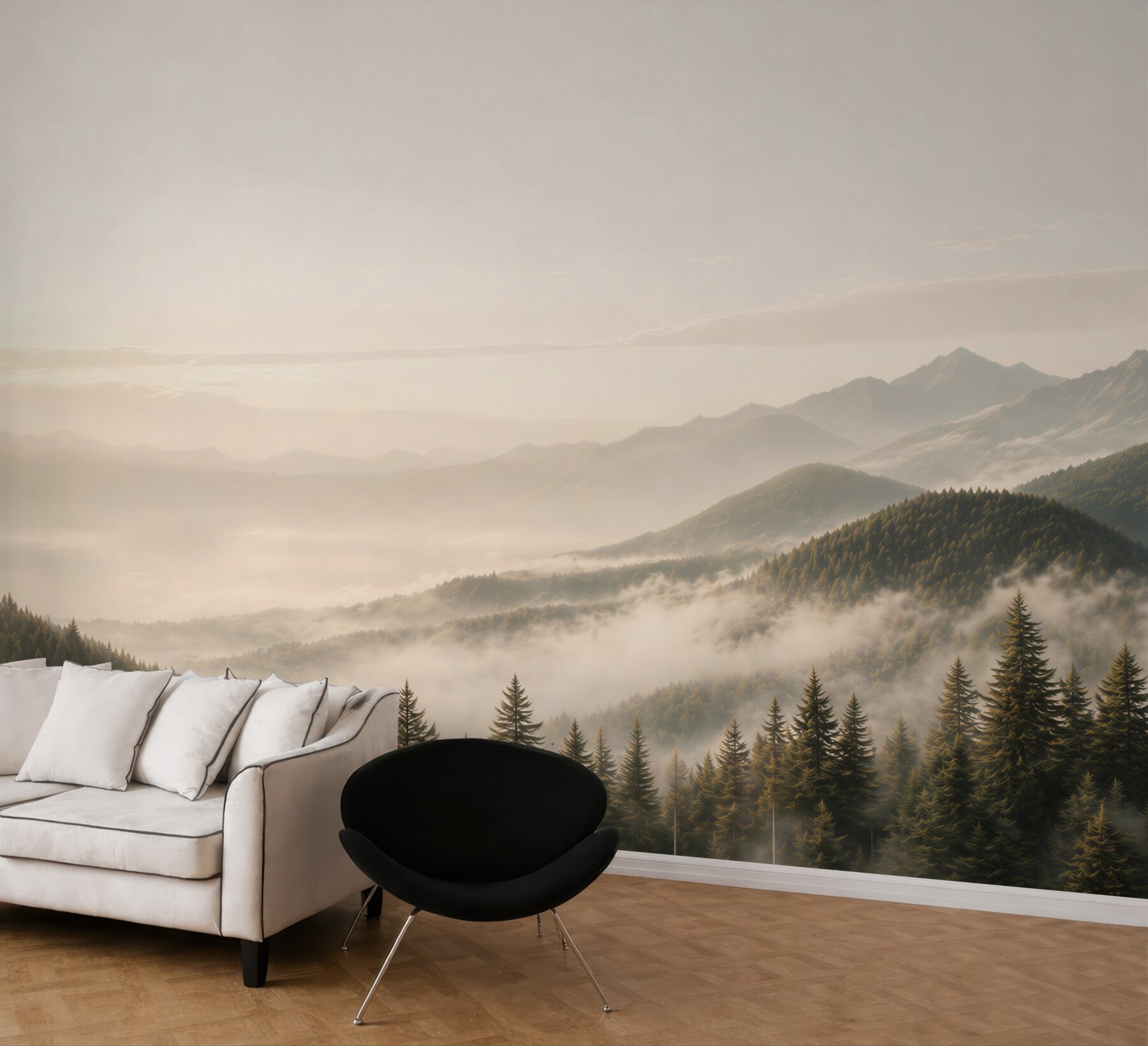 Fototapeta góry i las we mgle o wschodzie słońca spokojna panorama