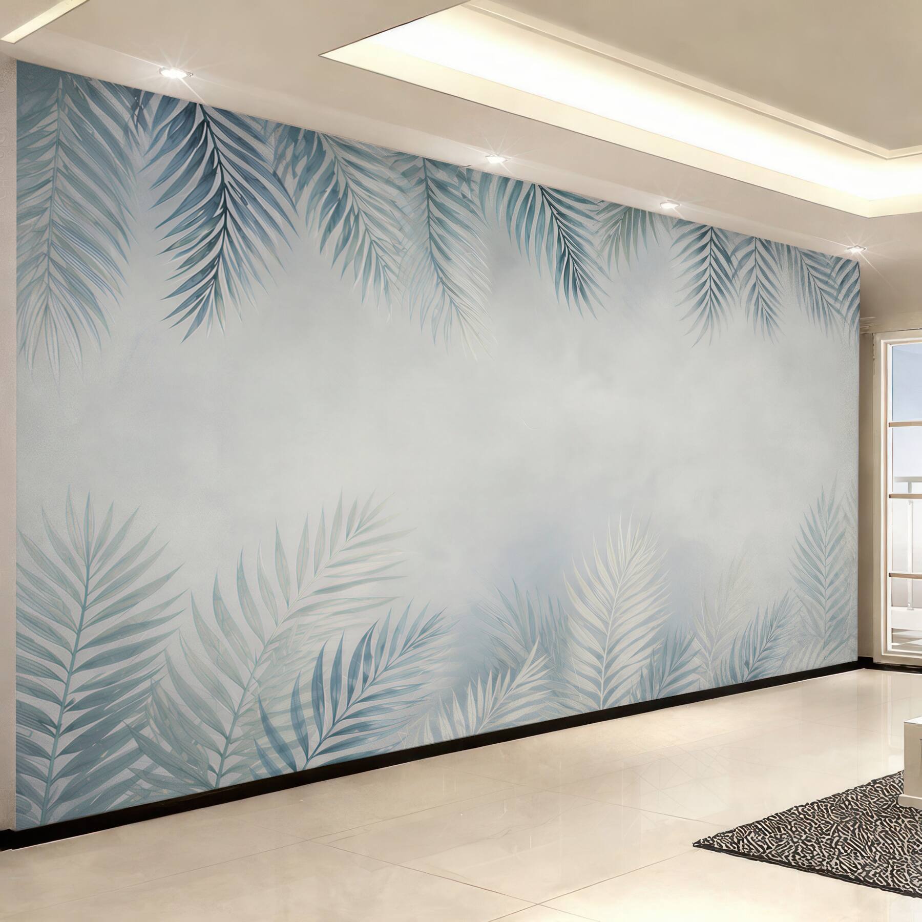 Fototapeta liście palmowe błękitne na jasnym tle w stylu tropical