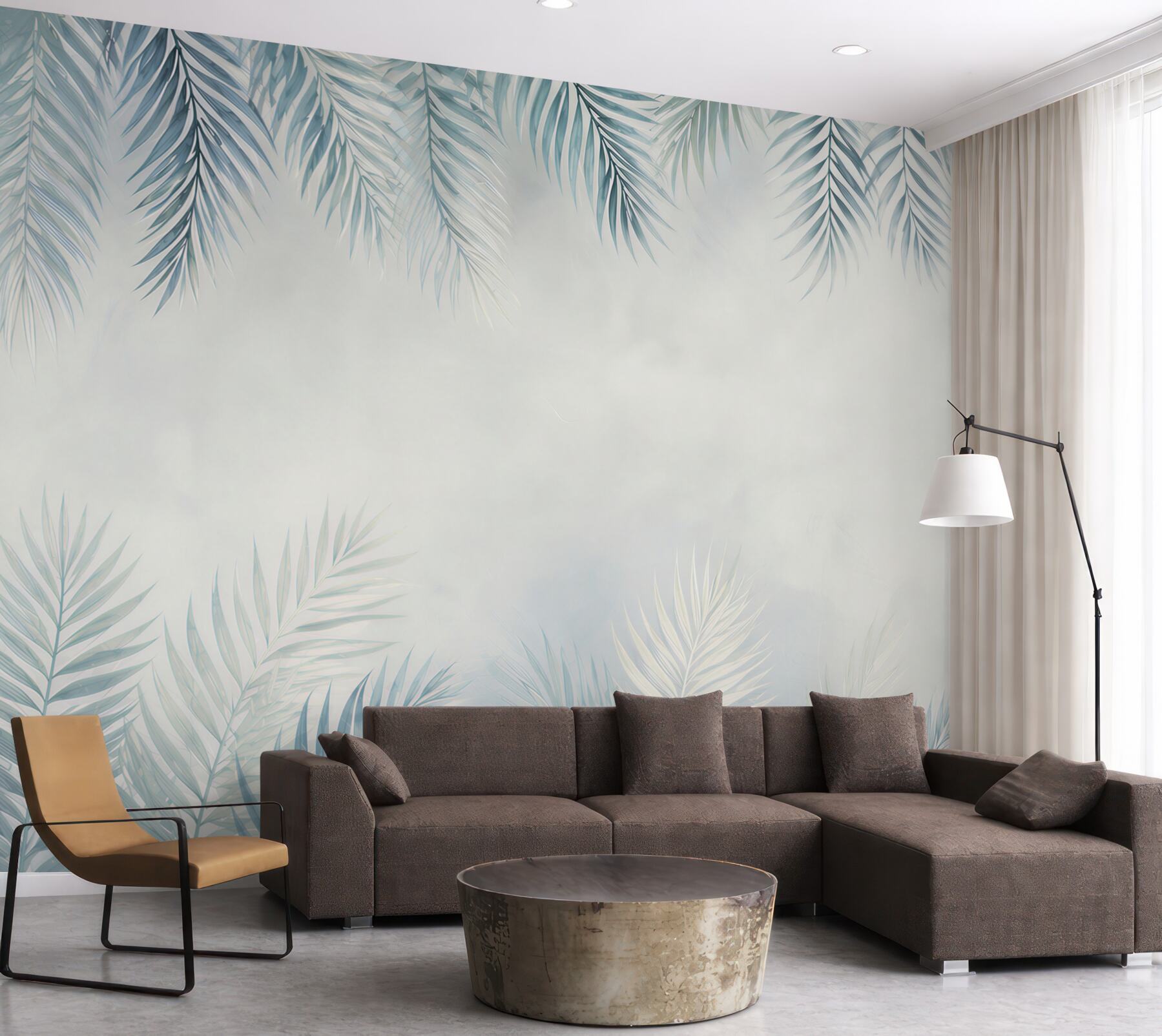 Fototapeta liście palmowe błękitne na jasnym tle w stylu tropical