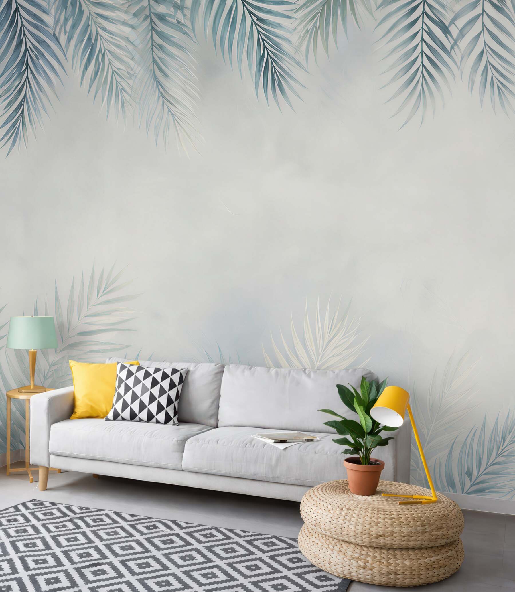 Fototapeta liście palmowe błękitne na jasnym tle w stylu tropical