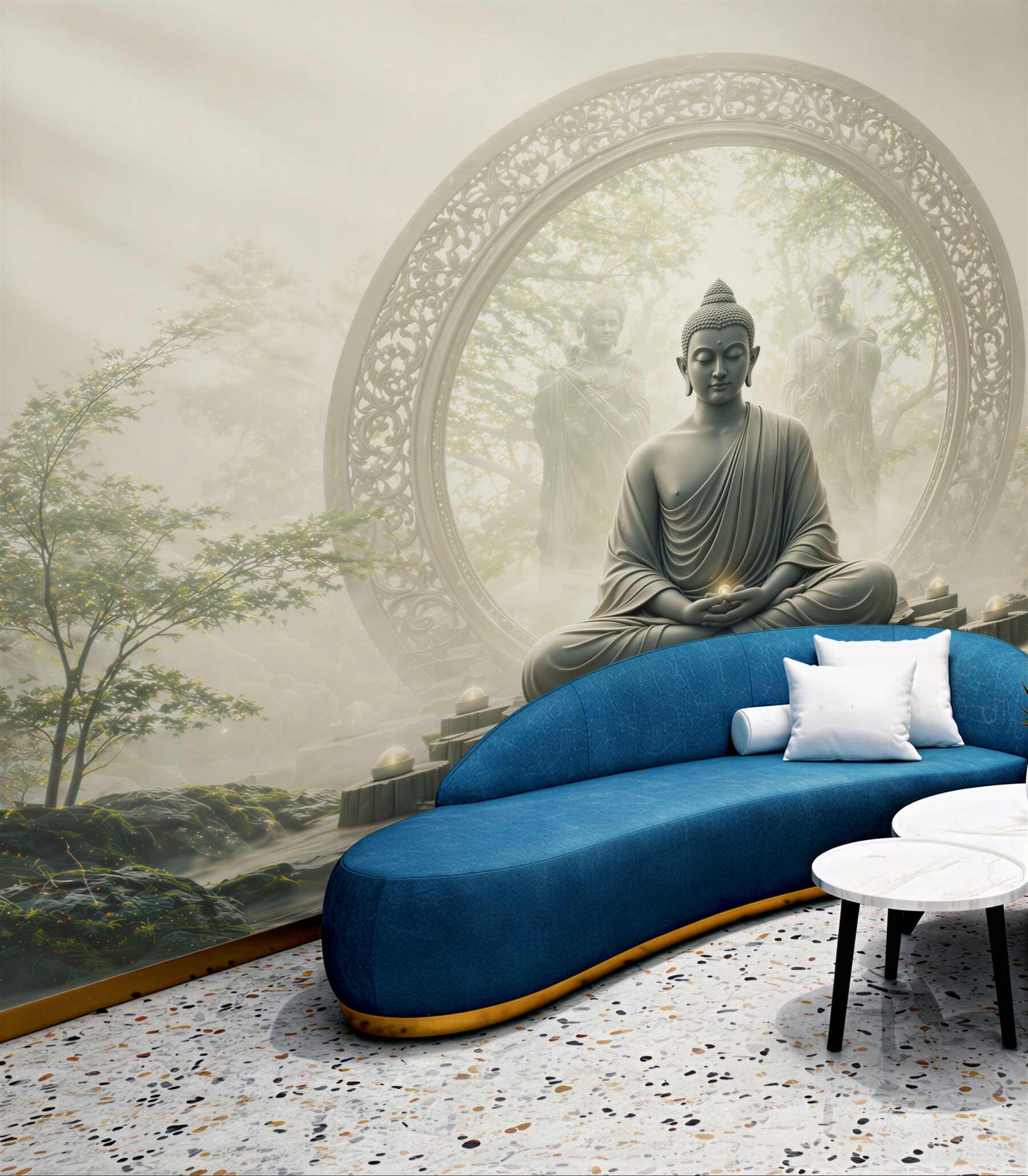 Fototapeta Budda w medytacji w mistycznym ogrodzie zen