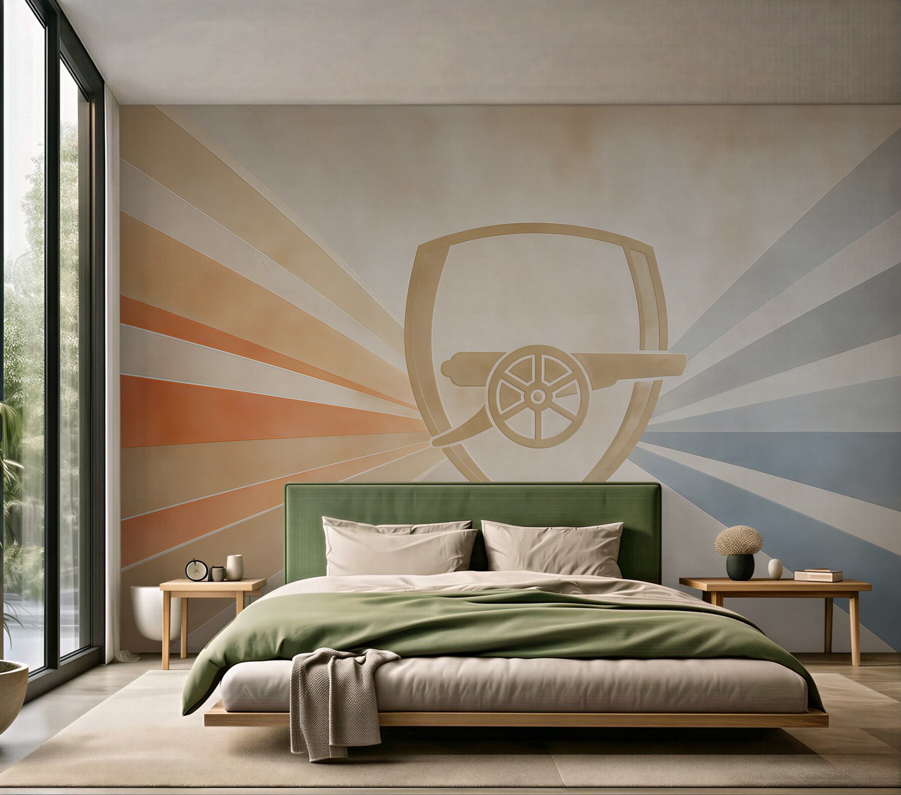Fototapeta abstrakcyjna tarcza z armatą w beżowo niebieskich promieniach