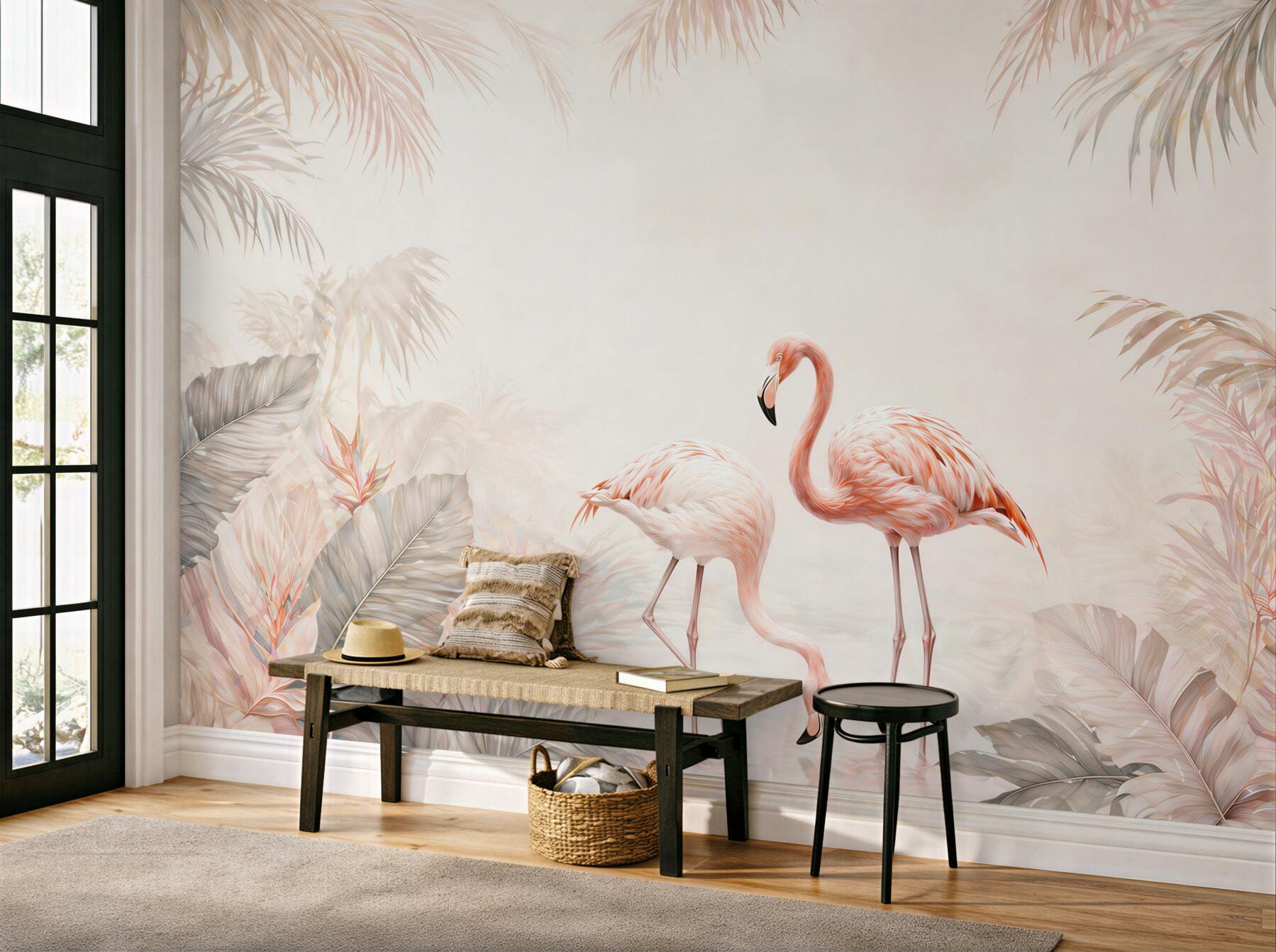 Fototapeta różowe flamingi w pastelowej dżungli subtelna i elegancka