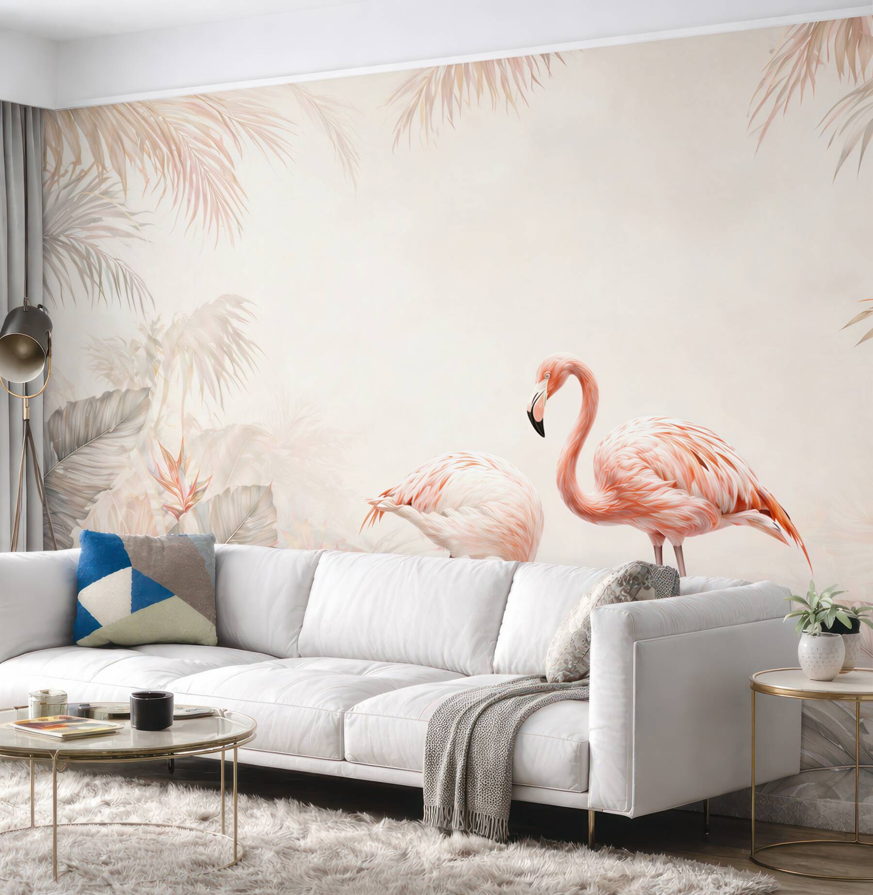Fototapeta różowe flamingi w pastelowej dżungli subtelna i elegancka