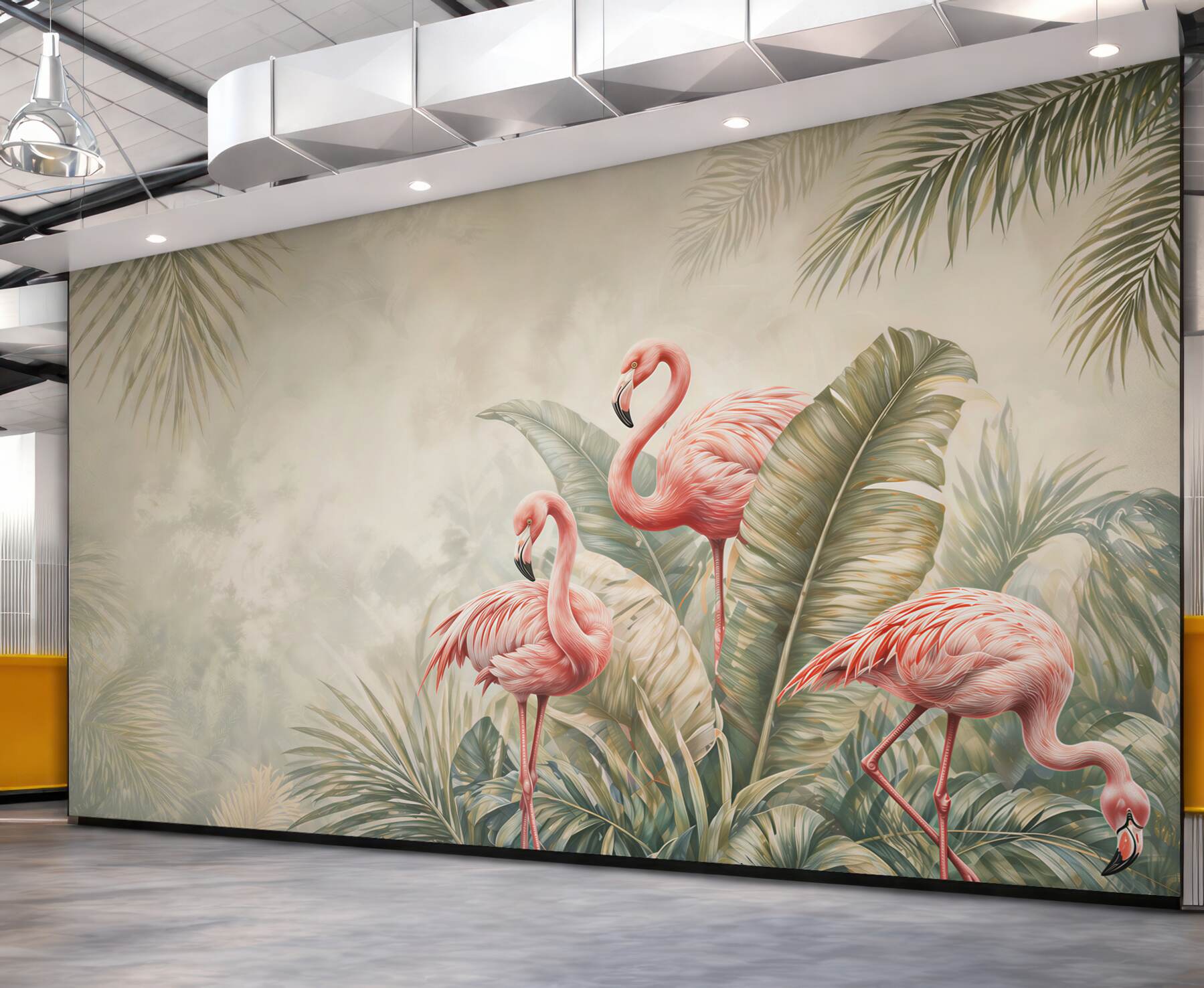 Fototapeta flamingi w tropikalnych liściach zielono różowa egzotyczna