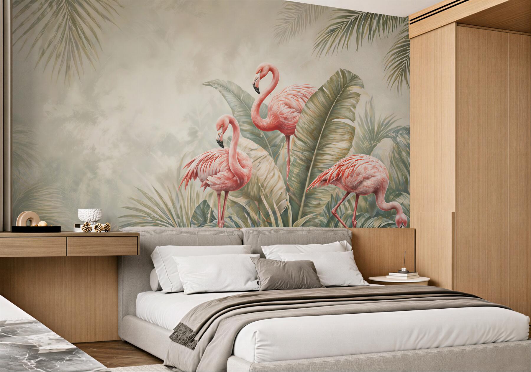 Fototapeta flamingi w tropikalnych liściach zielono różowa egzotyczna