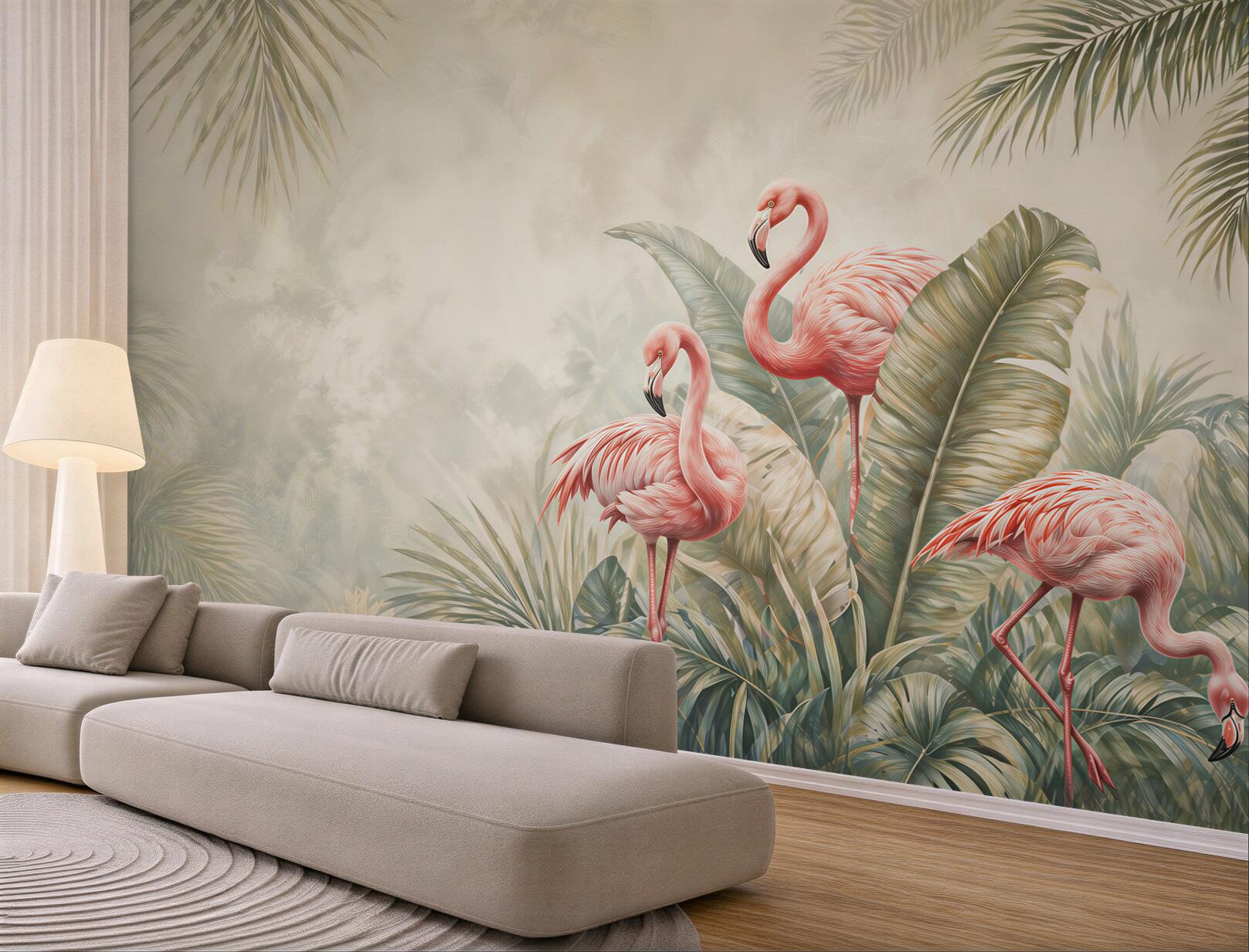 Fototapeta flamingi w tropikalnych liściach zielono różowa egzotyczna