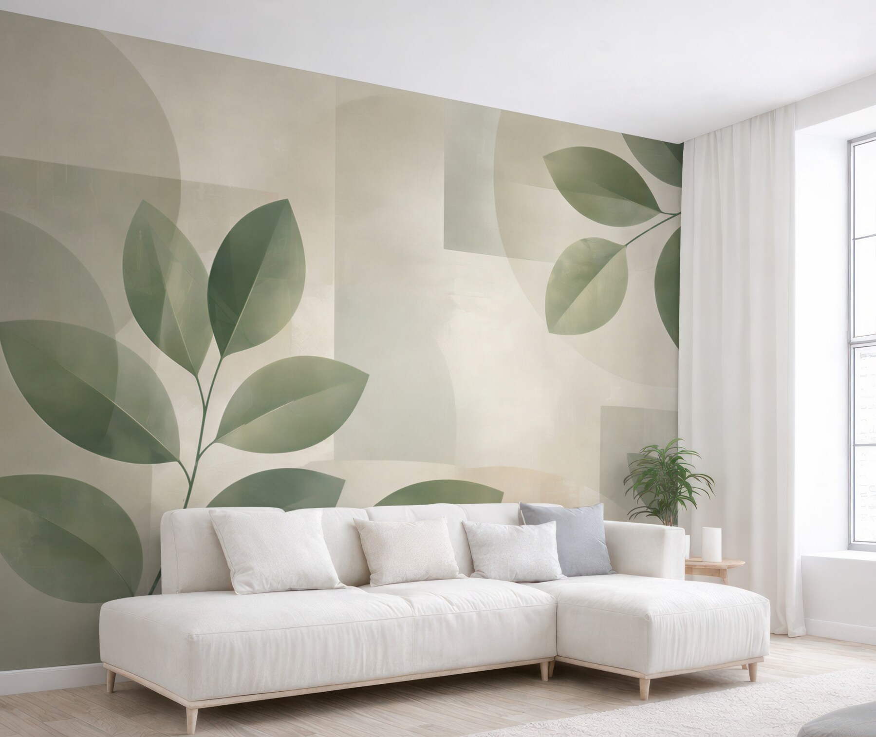Fototapeta zielone liście geometryczne beżowa nowoczesna do salonu