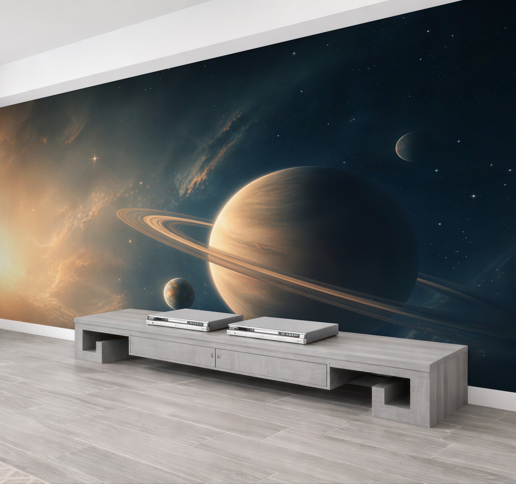 Fototapeta planeta z pierścieniami w kosmosie nowoczesna i nastrojowa