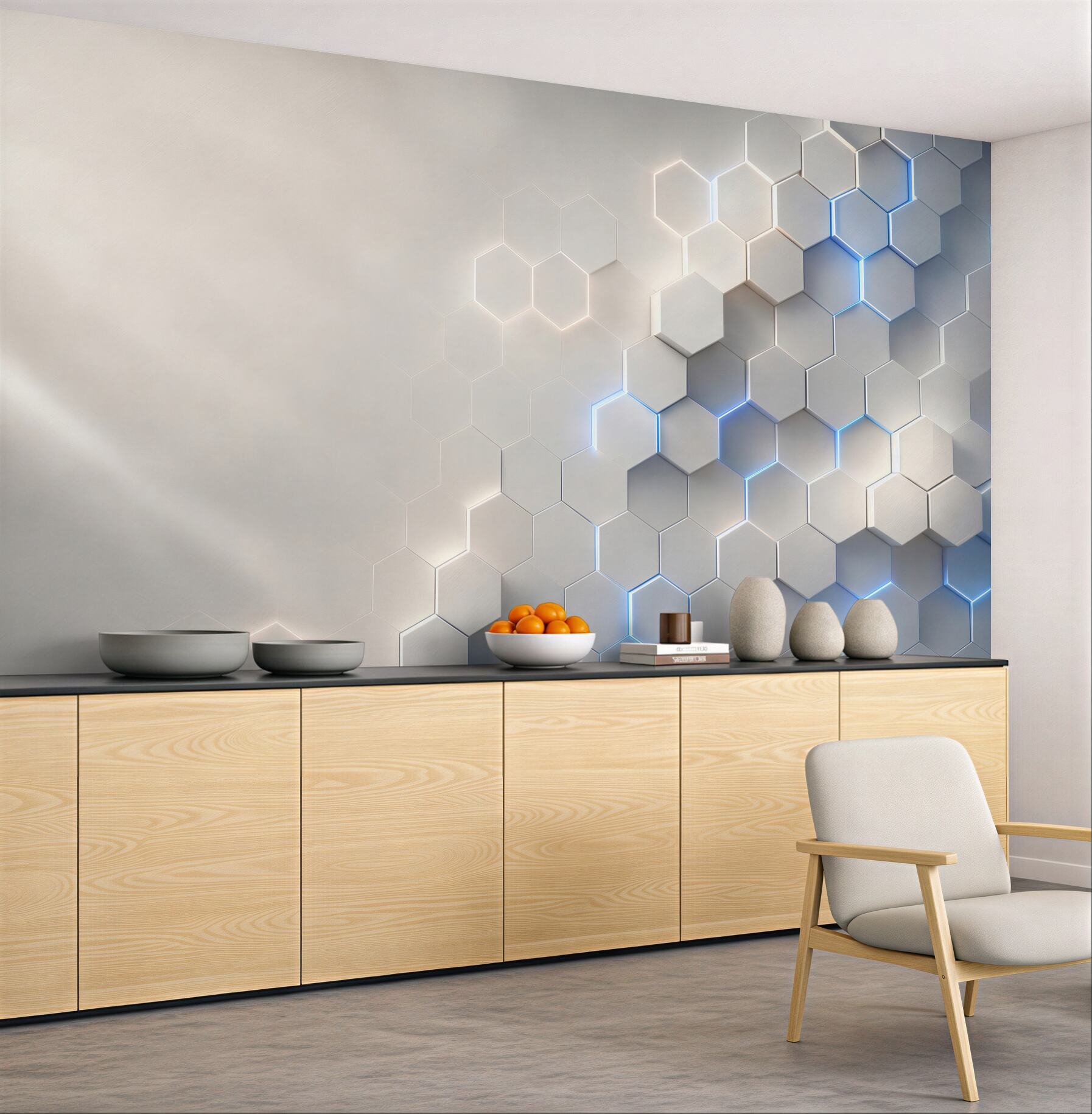 Fototapeta geometryczne heksagony 3D białe z niebieskim światłem nowoczesne