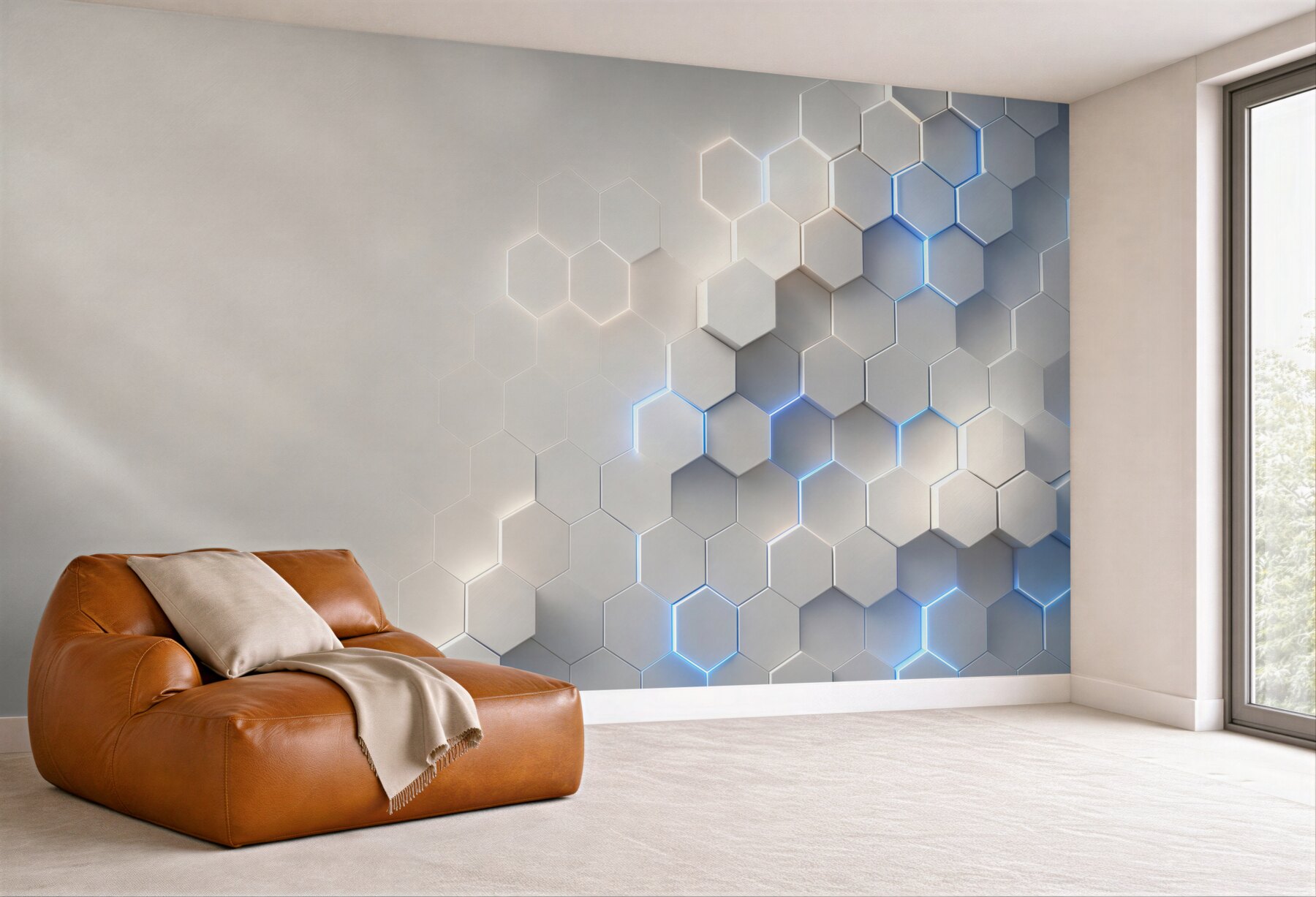 Fototapeta geometryczne heksagony 3D białe z niebieskim światłem nowoczesne