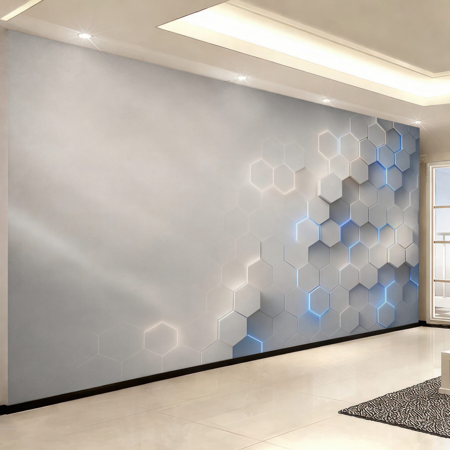 Fototapeta geometryczne heksagony 3D białe z niebieskim światłem nowoczesne