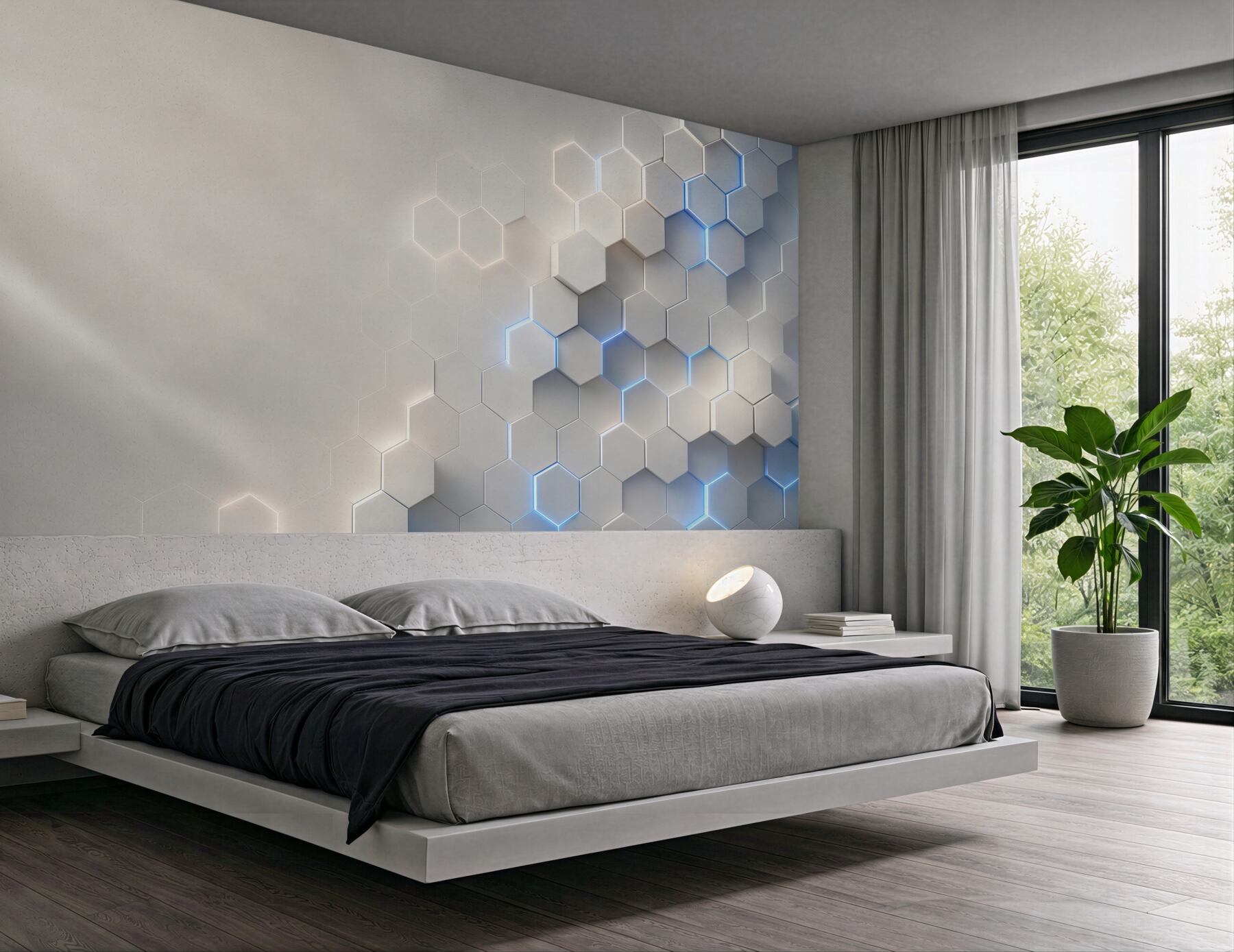 Fototapeta geometryczne heksagony 3D białe z niebieskim światłem nowoczesne