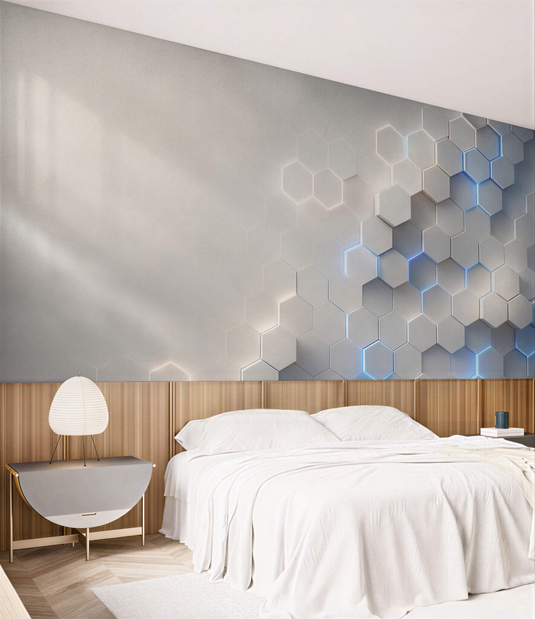 Fototapeta geometryczne heksagony 3D białe z niebieskim światłem nowoczesne