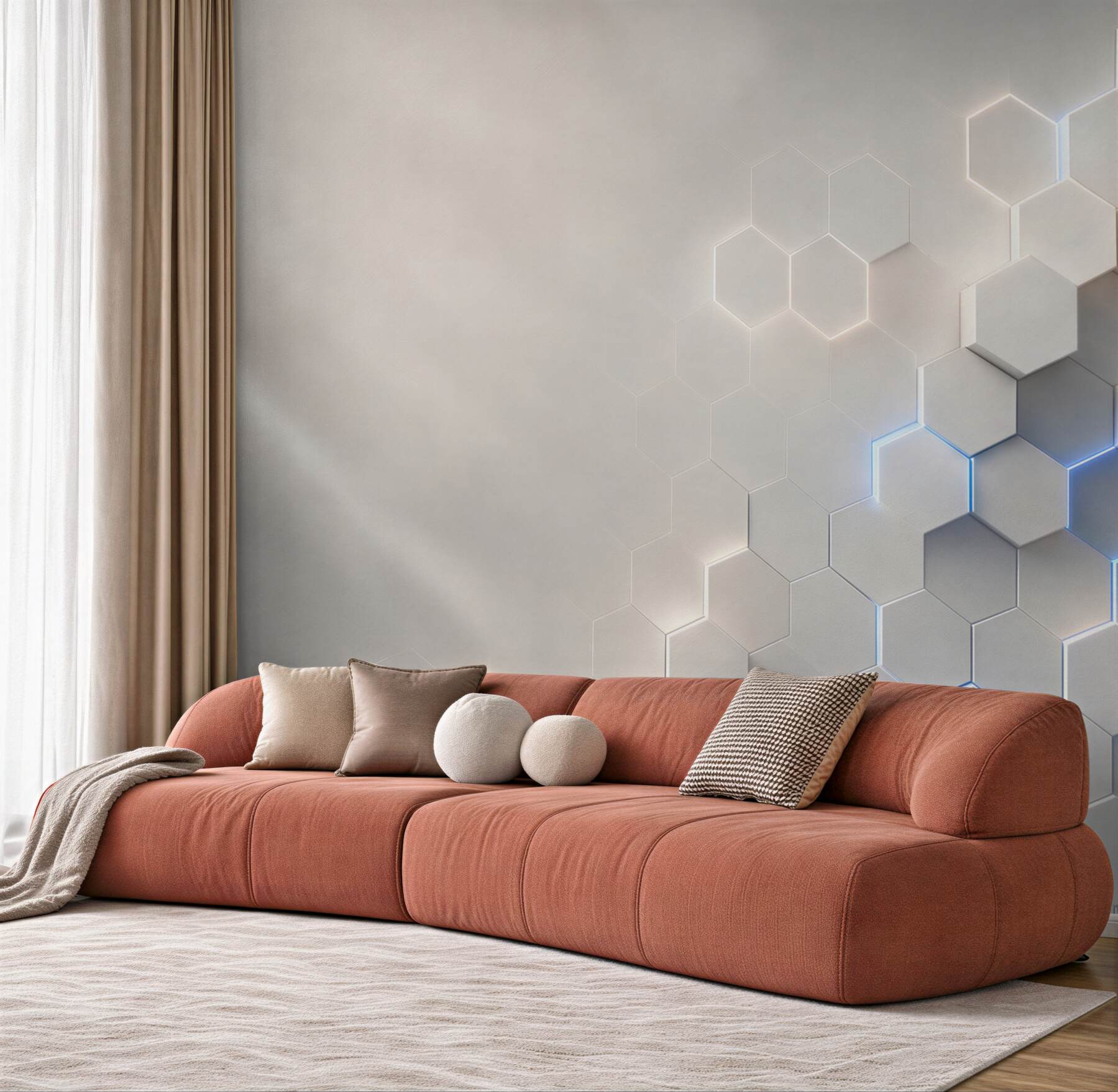 Fototapeta geometryczne heksagony 3D białe z niebieskim światłem nowoczesne