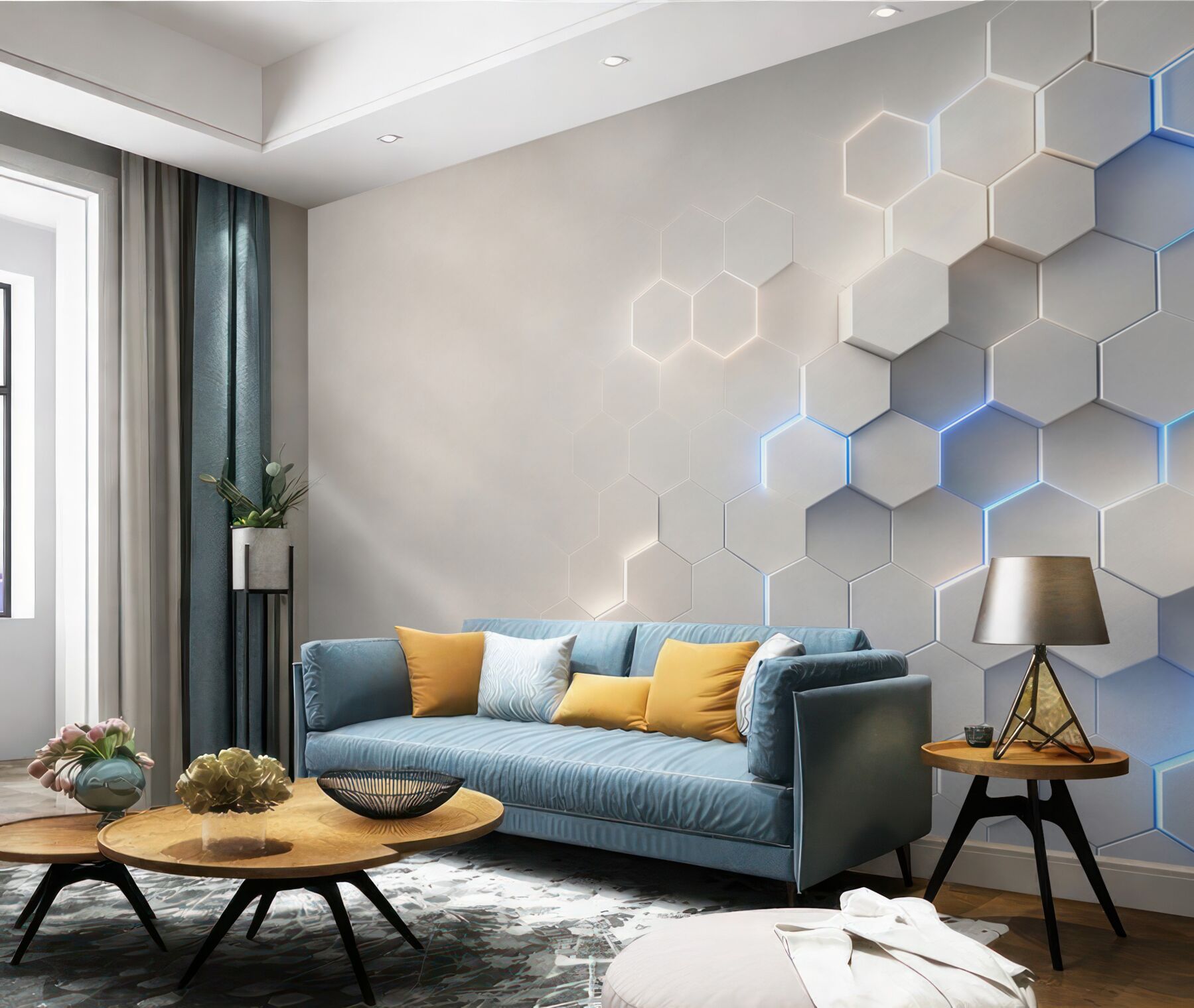 Fototapeta geometryczne heksagony 3D białe z niebieskim światłem nowoczesne